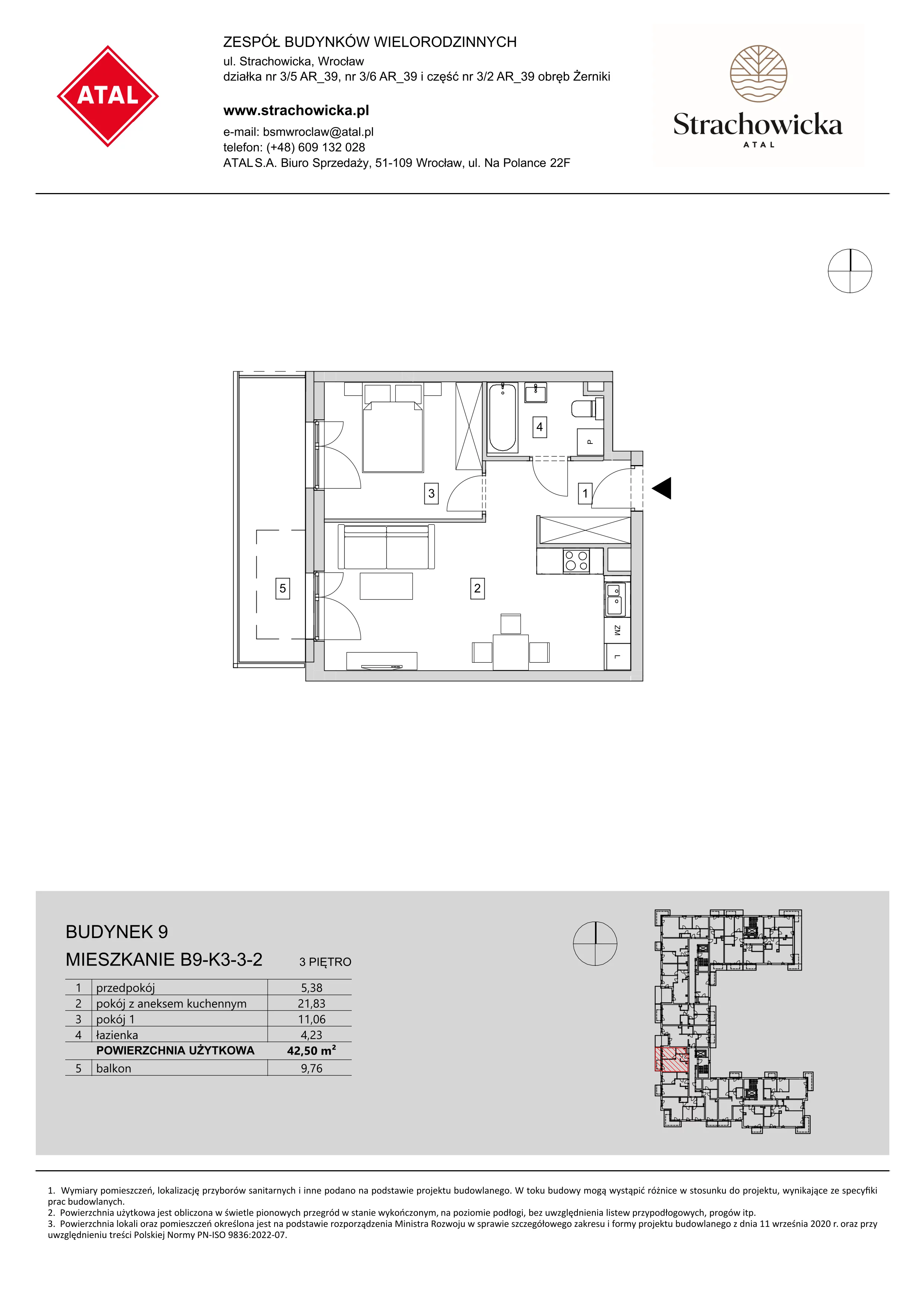 Mieszkanie 42,50 m², piętro 3, oferta nr B9-K3-3-2, ATAL Strachowicka, Wrocław, Żerniki, Fabryczna, ul. Strachowicka