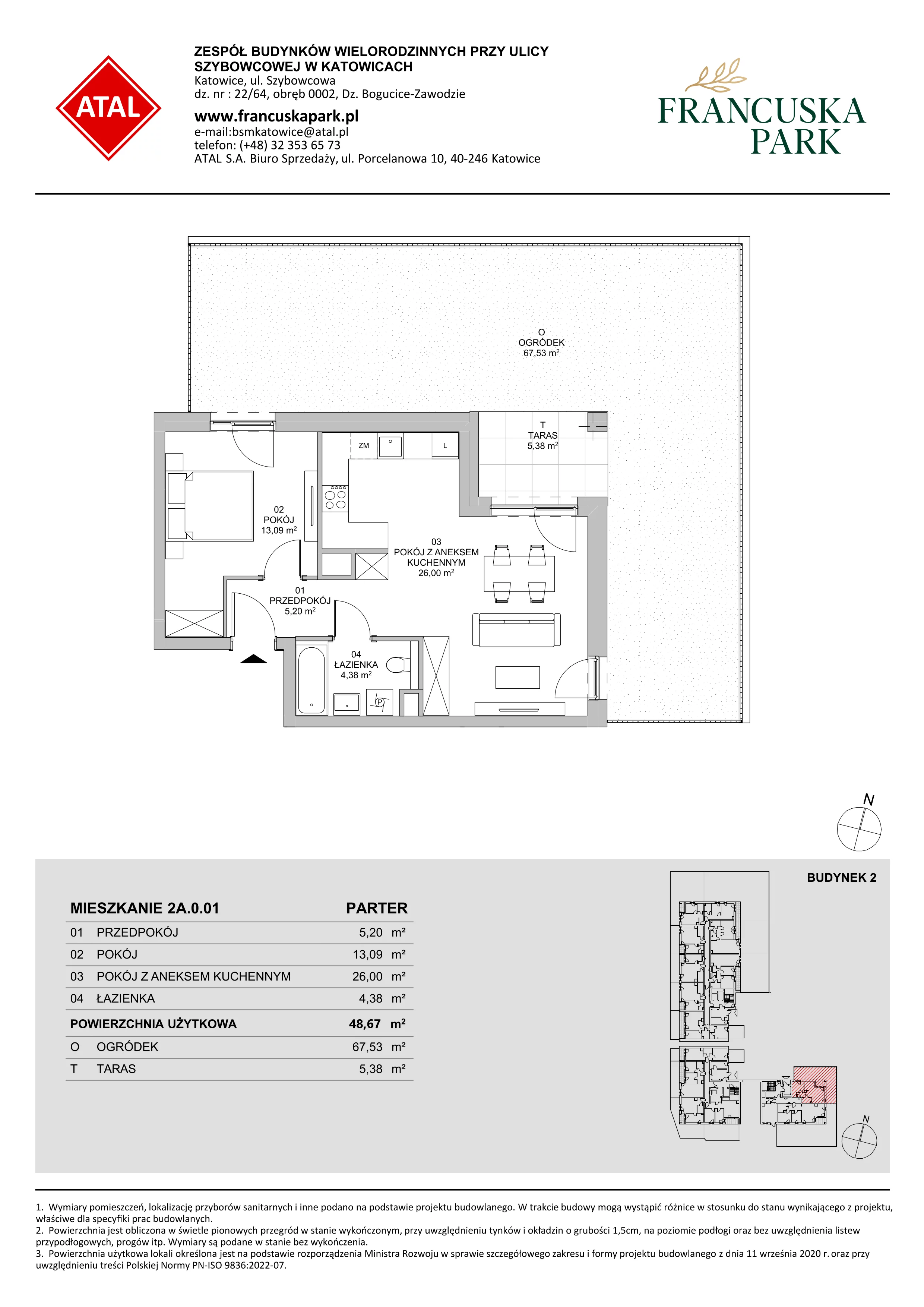 Mieszkanie 48,67 m², parter, oferta nr 2A.0.01, Francuska Park VIII, Katowice, Osiedle Paderewskiego-Muchowiec, Muchowiec, ul. Szybowcowa