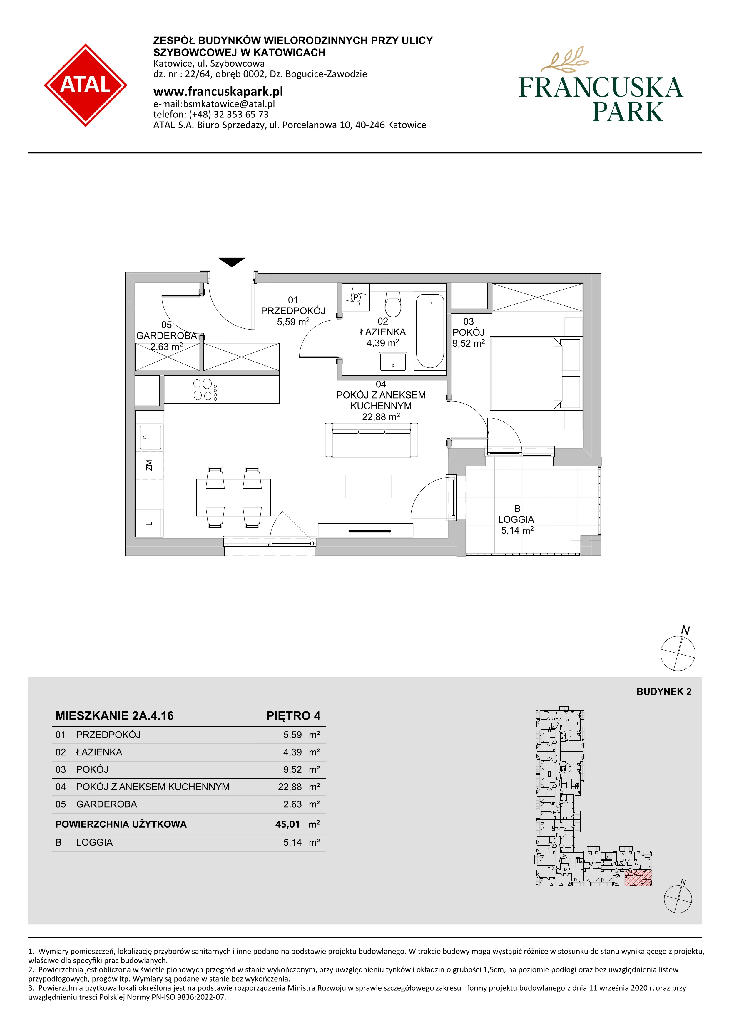 Mieszkanie 45,01 m², piętro 4, oferta nr 2A.4.16, Francuska Park VIII, Katowice, Osiedle Paderewskiego-Muchowiec, Muchowiec, ul. Szybowcowa