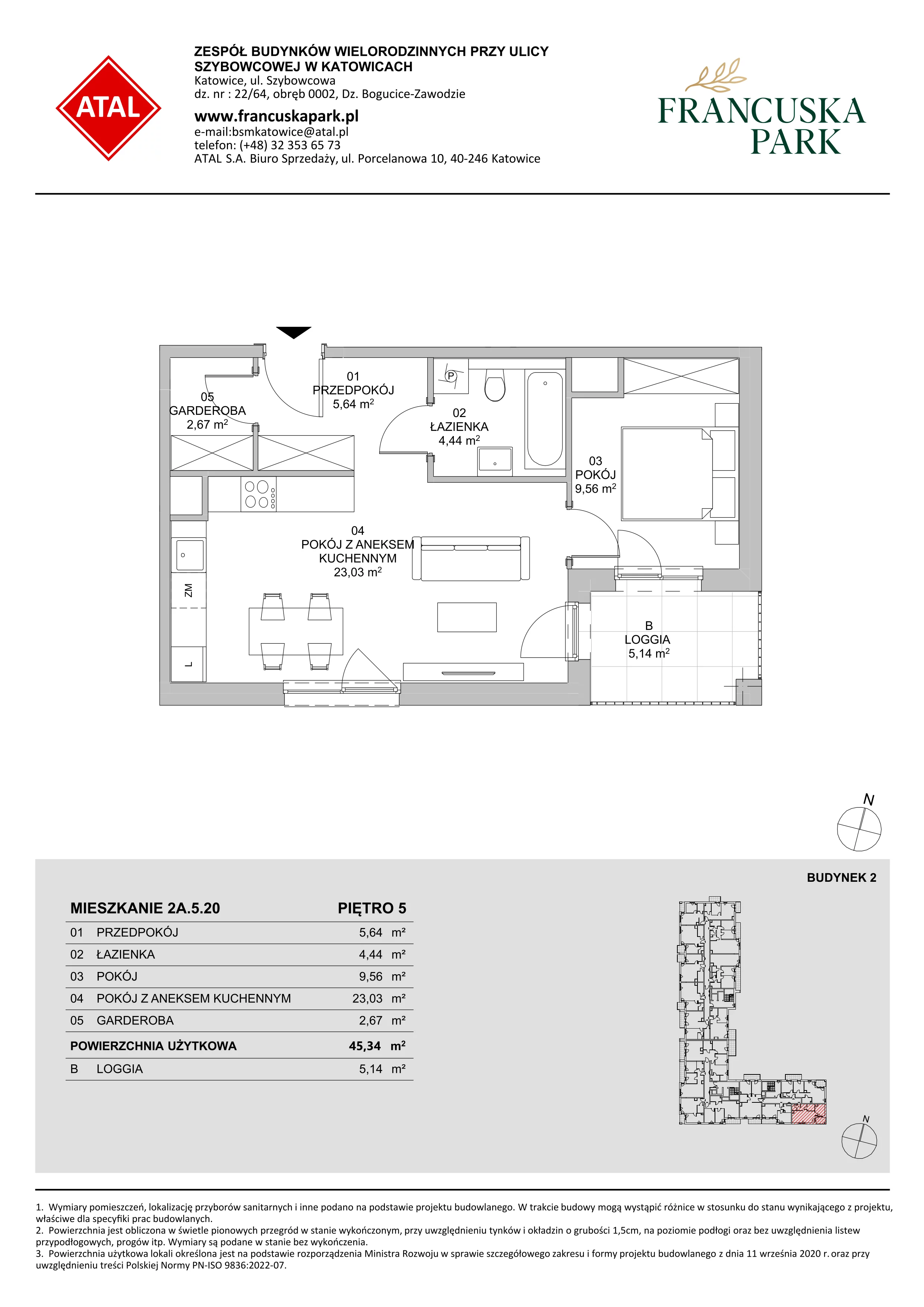 Mieszkanie 45,34 m², piętro 5, oferta nr 2A.5.20, Francuska Park VIII, Katowice, Osiedle Paderewskiego-Muchowiec, Muchowiec, ul. Szybowcowa