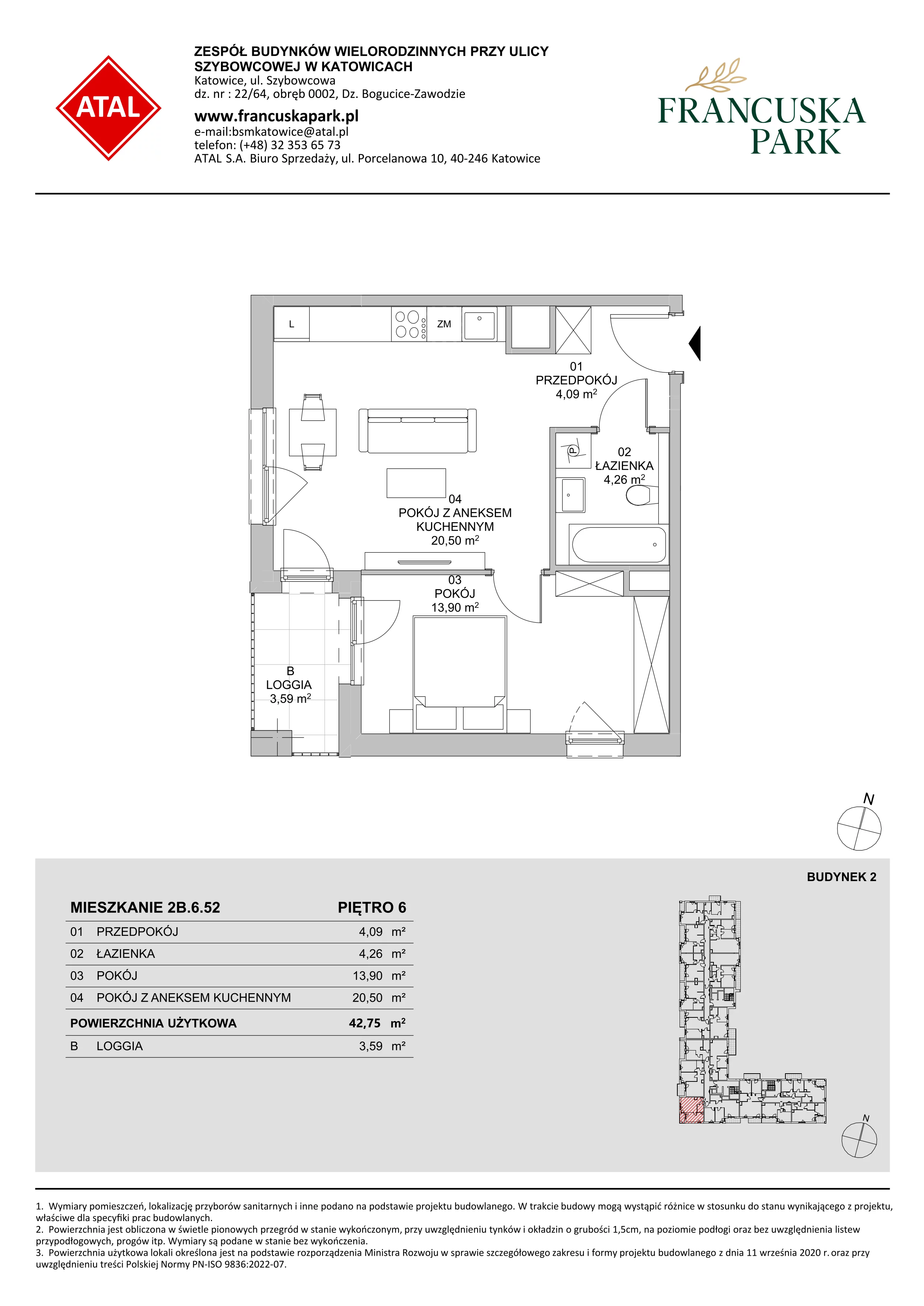 Mieszkanie 42,75 m², piętro 6, oferta nr 2B.6.52, Francuska Park VIII, Katowice, Osiedle Paderewskiego-Muchowiec, Muchowiec, ul. Szybowcowa