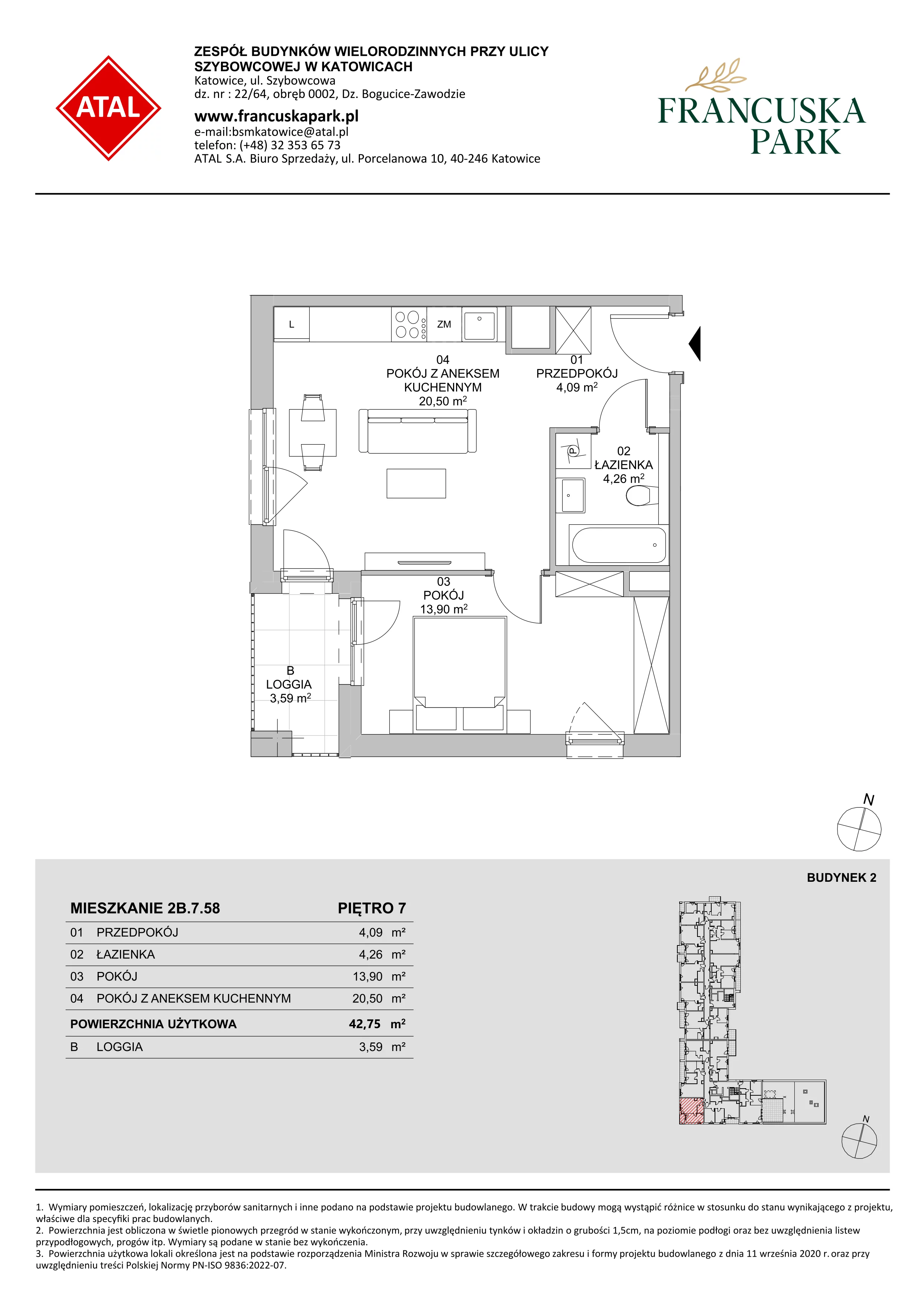 Mieszkanie 42,75 m², piętro 7, oferta nr 2B.7.58, Francuska Park VIII, Katowice, Osiedle Paderewskiego-Muchowiec, Muchowiec, ul. Szybowcowa