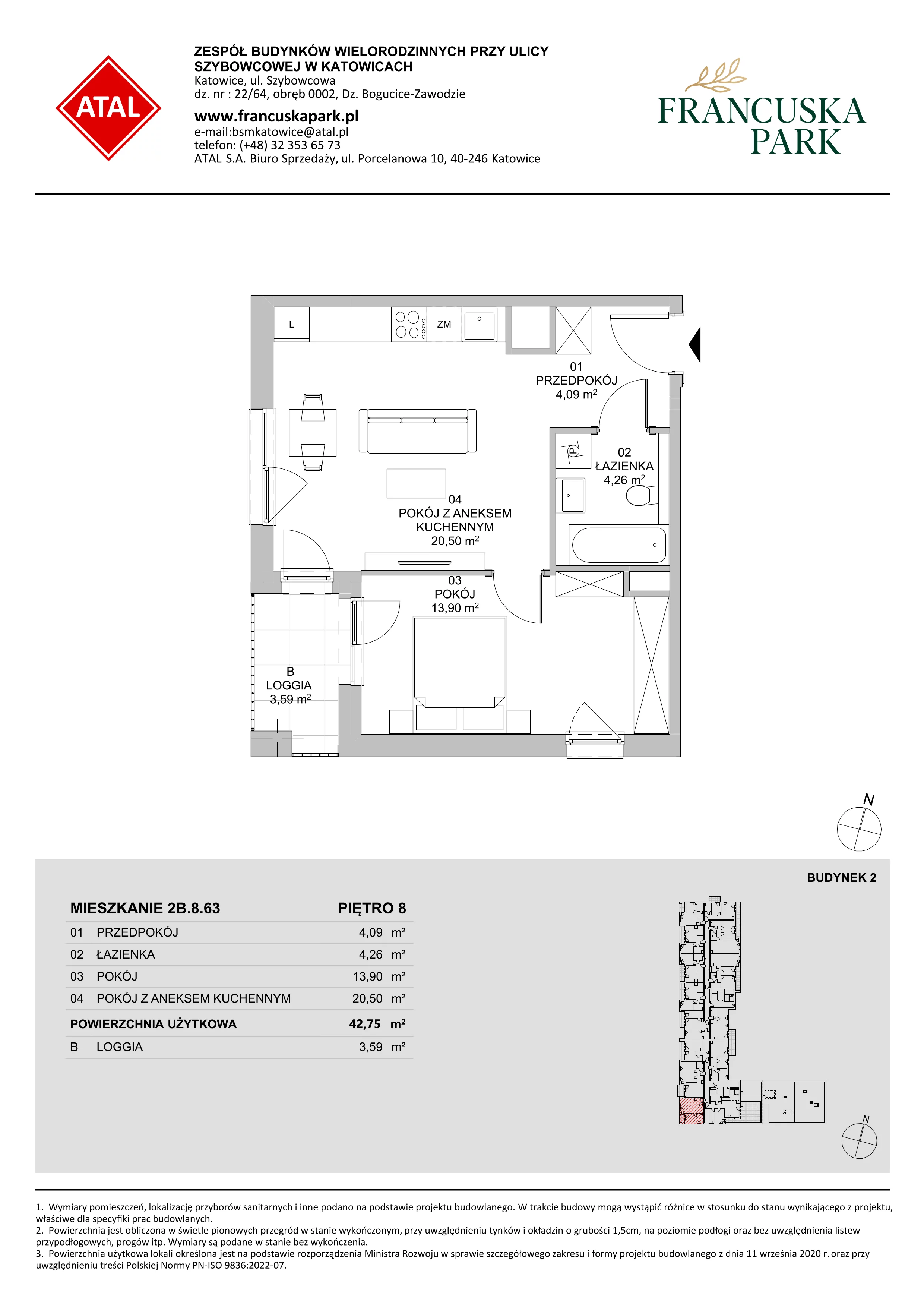 Mieszkanie 42,75 m², piętro 8, oferta nr 2B.8.63, Francuska Park VIII, Katowice, Osiedle Paderewskiego-Muchowiec, Muchowiec, ul. Szybowcowa