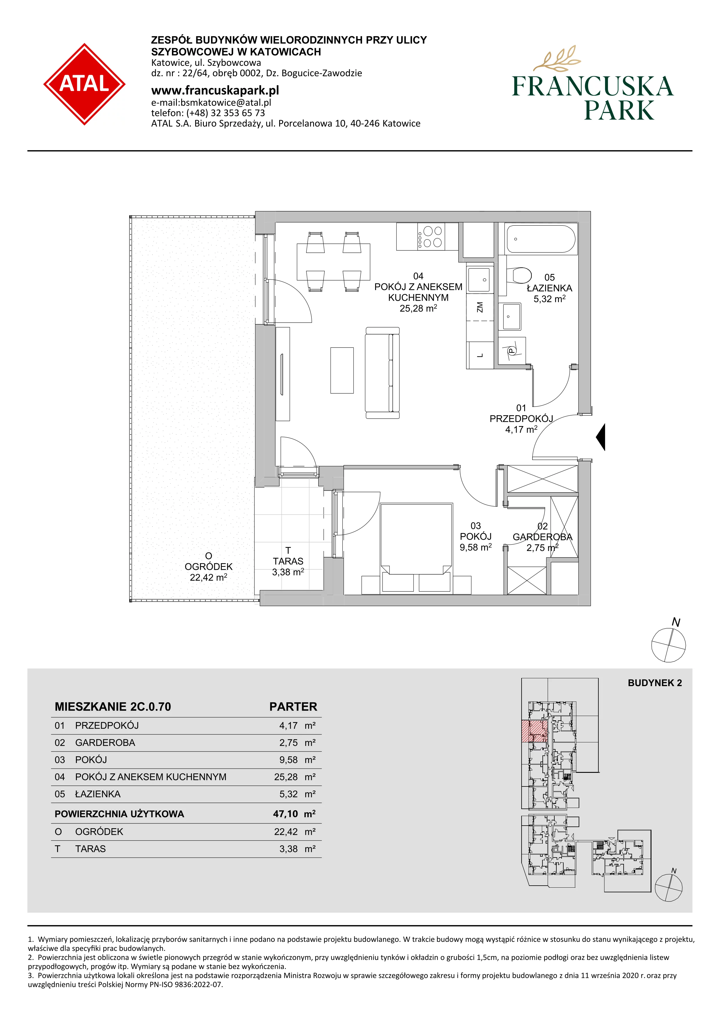 Mieszkanie 47,10 m², parter, oferta nr 2C.0.70, Francuska Park VIII, Katowice, Osiedle Paderewskiego-Muchowiec, Muchowiec, ul. Szybowcowa