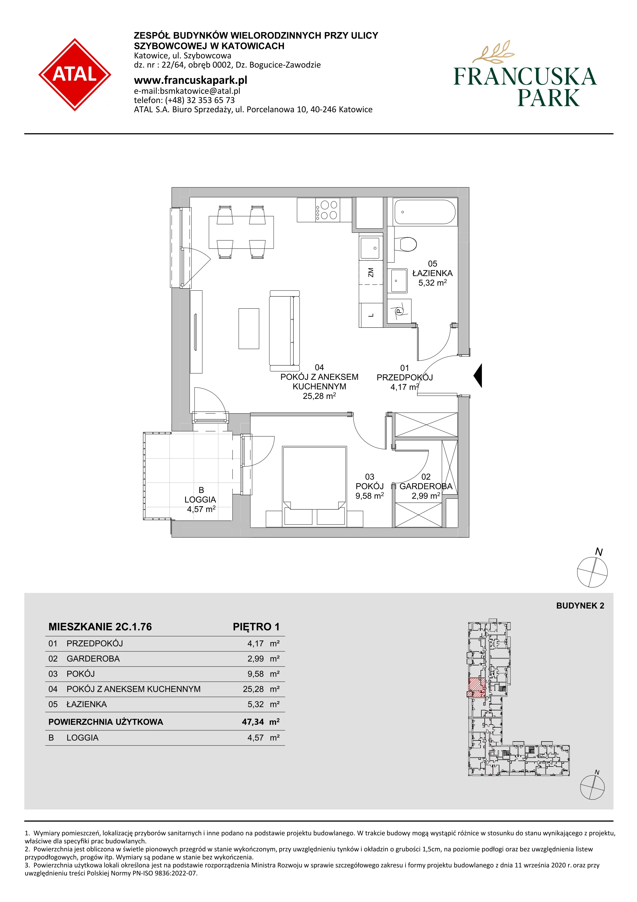 Mieszkanie 47,34 m², piętro 1, oferta nr 2C.1.76, Francuska Park VIII, Katowice, Osiedle Paderewskiego-Muchowiec, Muchowiec, ul. Szybowcowa