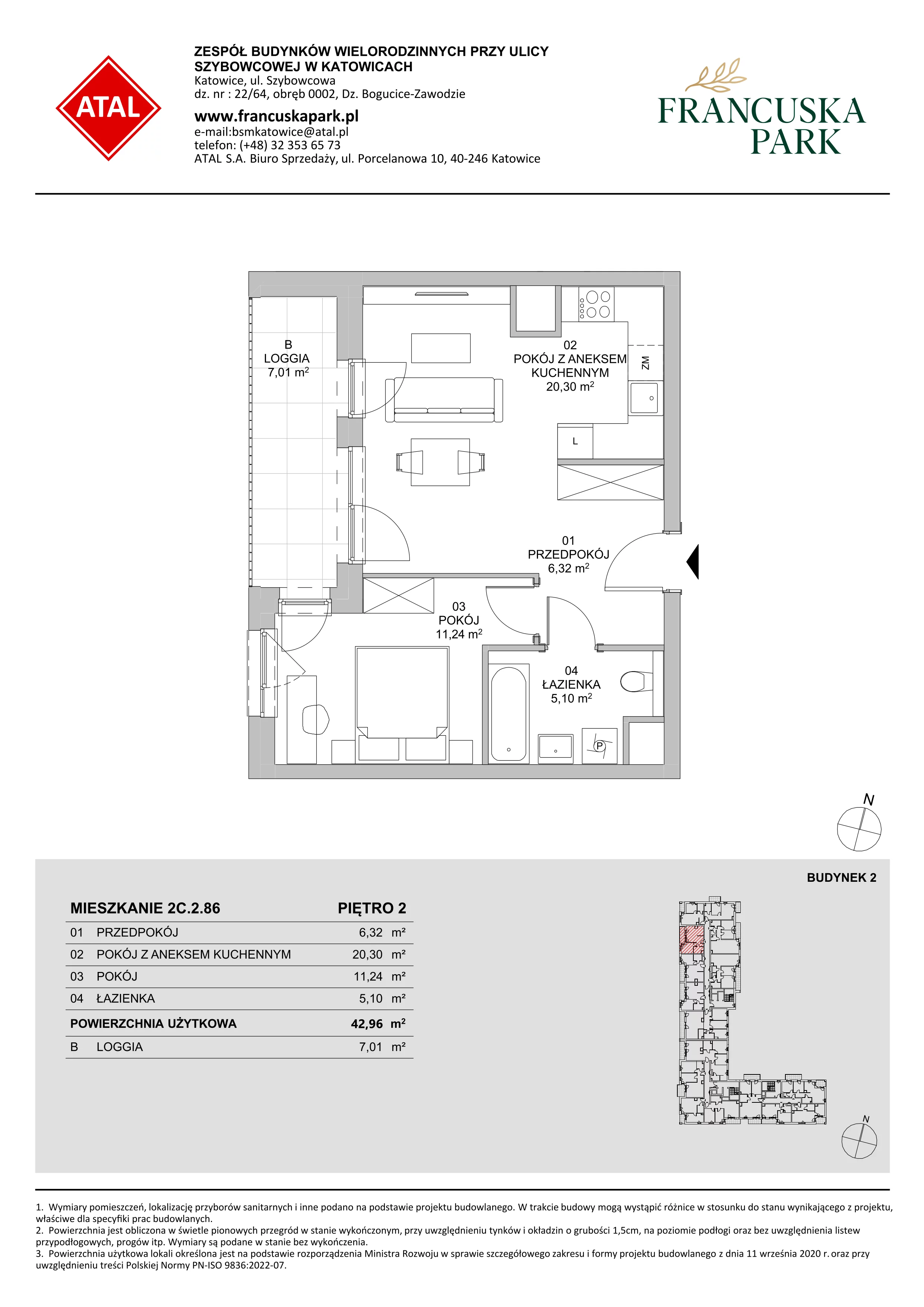 Mieszkanie 42,96 m², piętro 2, oferta nr 2C.2.86, Francuska Park VIII, Katowice, Osiedle Paderewskiego-Muchowiec, Muchowiec, ul. Szybowcowa