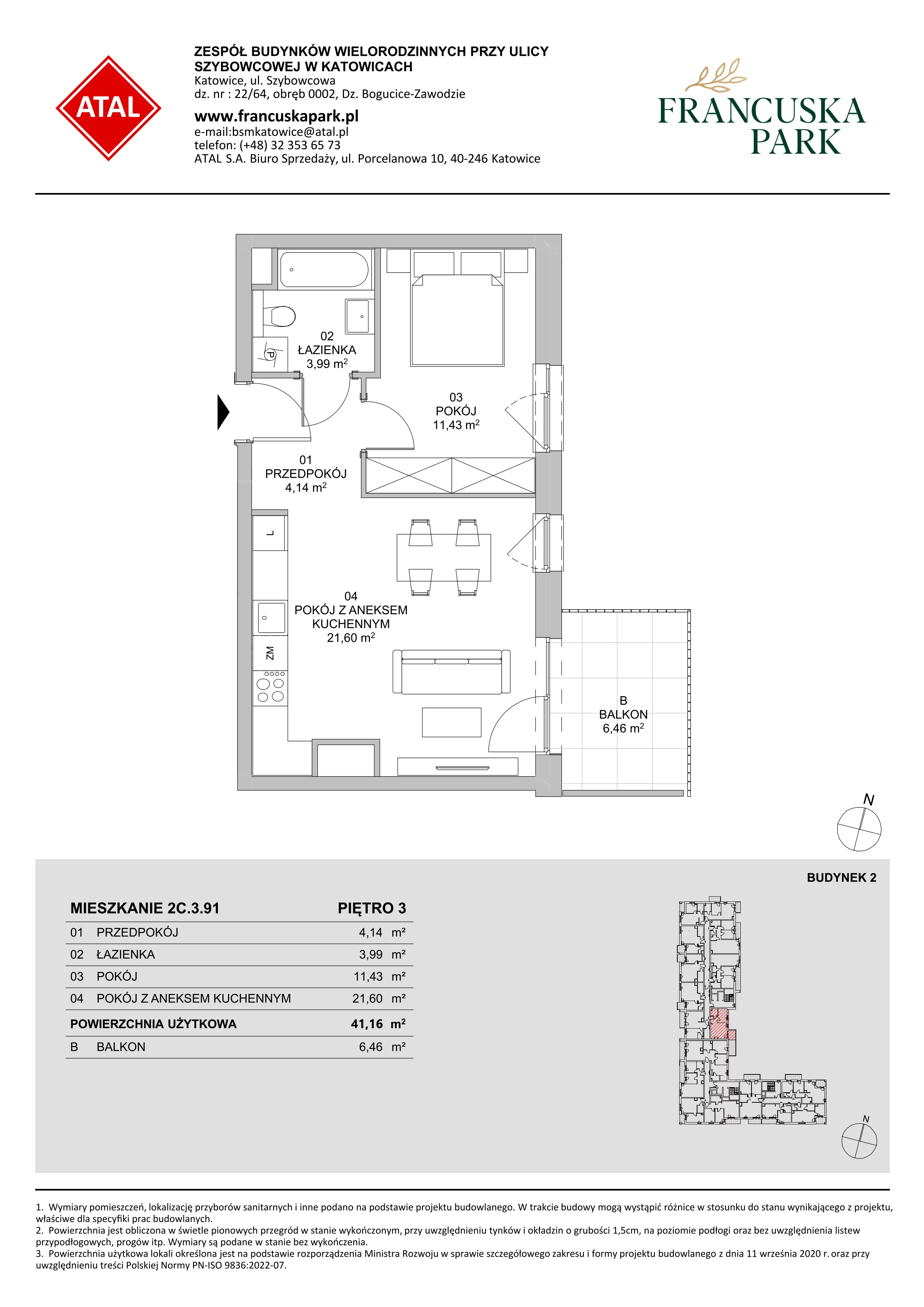 Mieszkanie 41,16 m², piętro 3, oferta nr 2C.3.91, Francuska Park VIII, Katowice, Osiedle Paderewskiego-Muchowiec, Muchowiec, ul. Szybowcowa