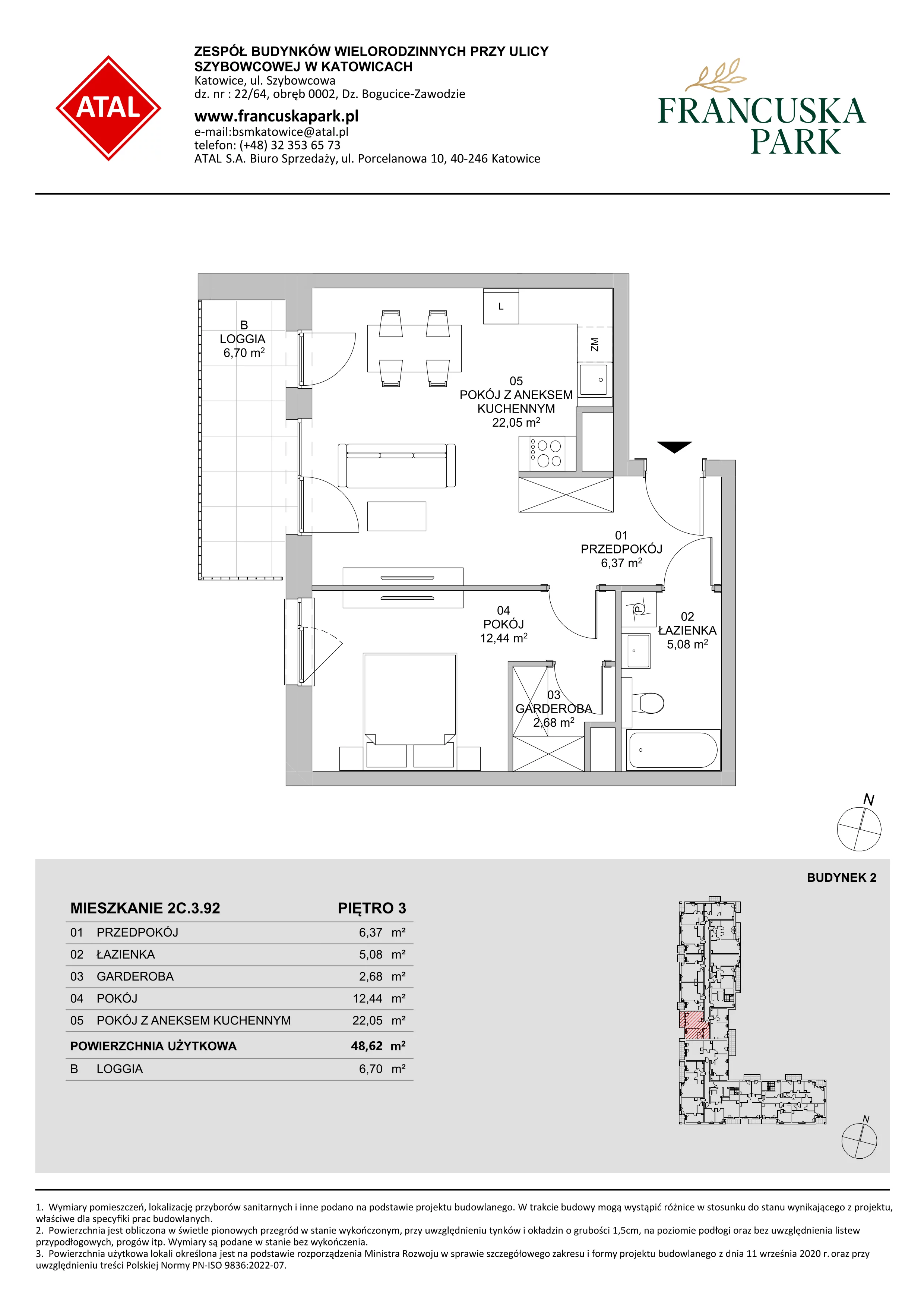 Mieszkanie 48,62 m², piętro 3, oferta nr 2C.3.92, Francuska Park VIII, Katowice, Osiedle Paderewskiego-Muchowiec, Muchowiec, ul. Szybowcowa