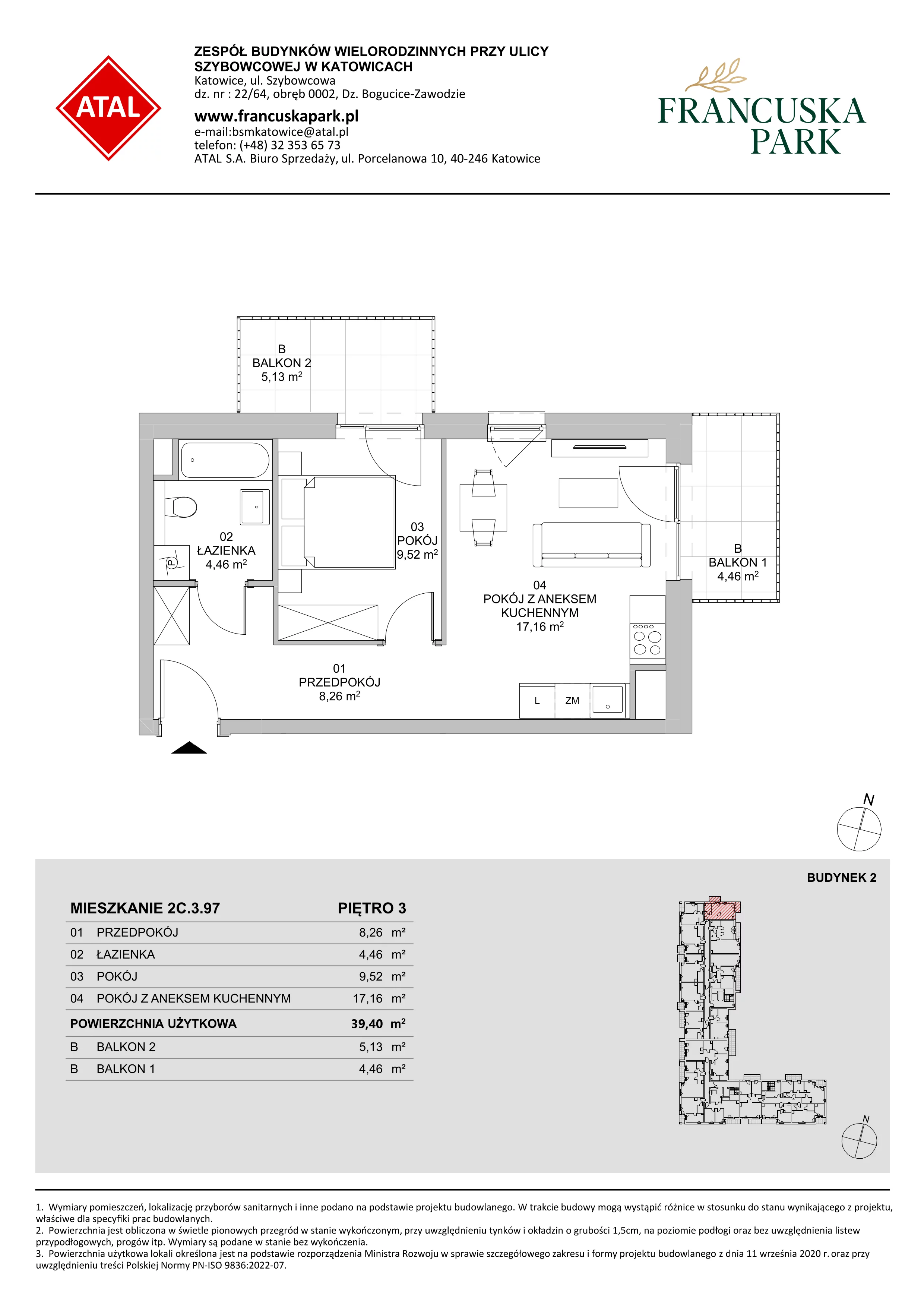 Mieszkanie 39,40 m², piętro 3, oferta nr 2C.3.97, Francuska Park VIII, Katowice, Osiedle Paderewskiego-Muchowiec, Muchowiec, ul. Szybowcowa