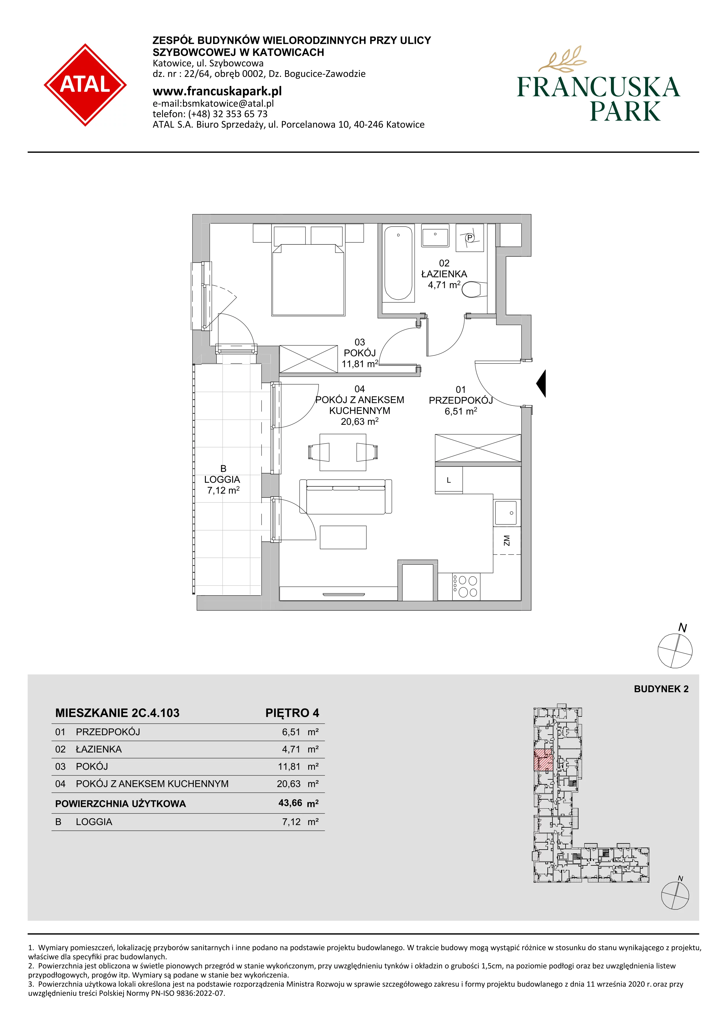 Mieszkanie 43,66 m², piętro 4, oferta nr 2C.4.103, Francuska Park VIII, Katowice, Osiedle Paderewskiego-Muchowiec, Muchowiec, ul. Szybowcowa