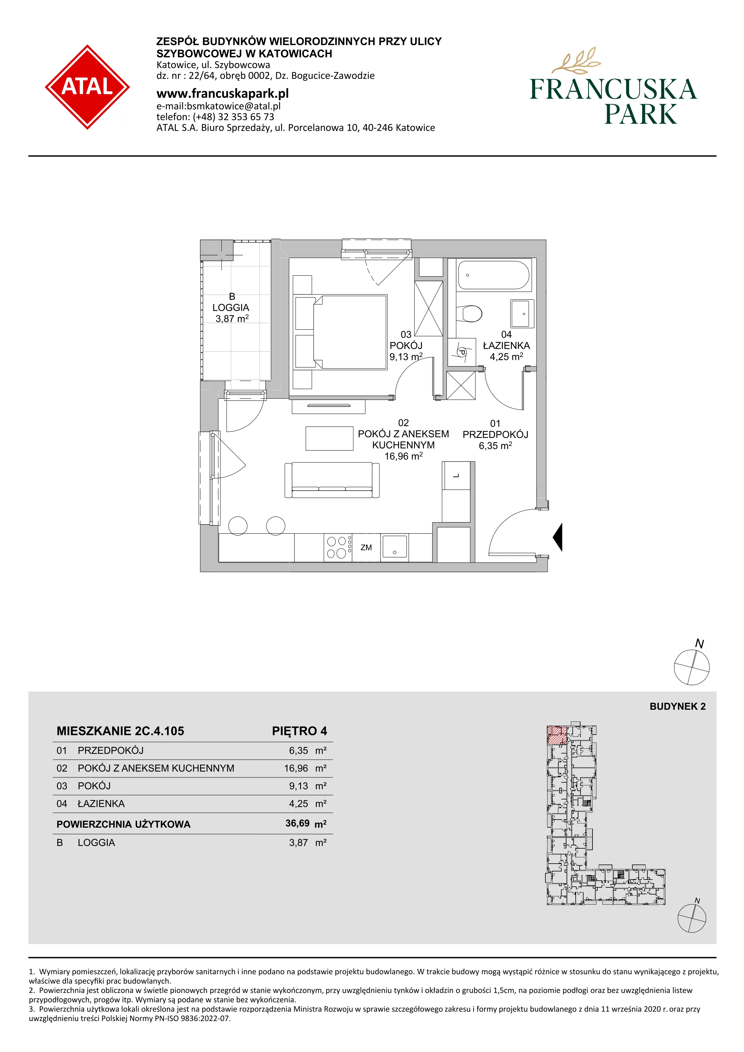 Mieszkanie 36,69 m², piętro 4, oferta nr 2C.4.105, Francuska Park VIII, Katowice, Osiedle Paderewskiego-Muchowiec, Muchowiec, ul. Szybowcowa