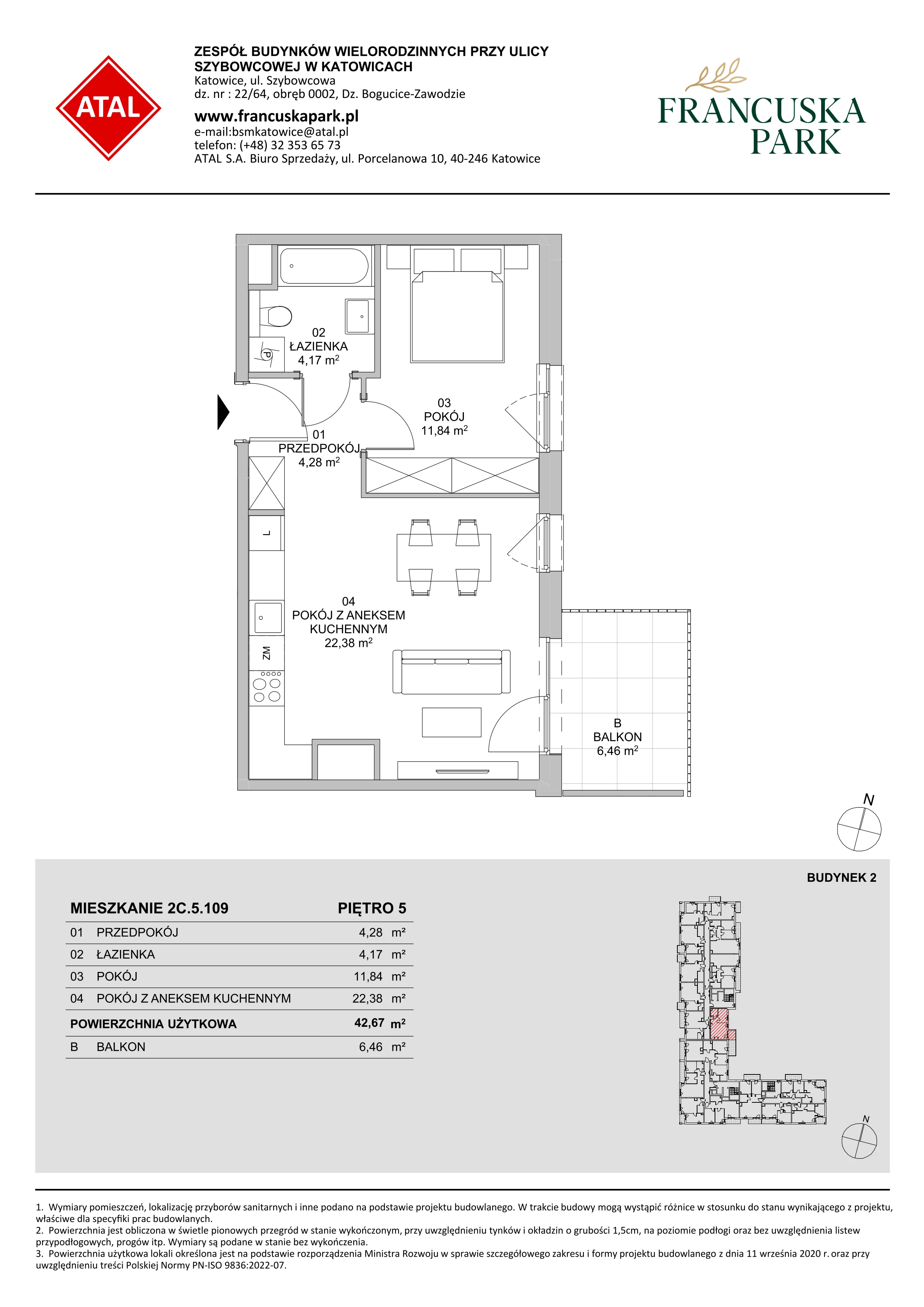 Mieszkanie 42,67 m², piętro 5, oferta nr 2C.5.109, Francuska Park VIII, Katowice, Osiedle Paderewskiego-Muchowiec, Muchowiec, ul. Szybowcowa