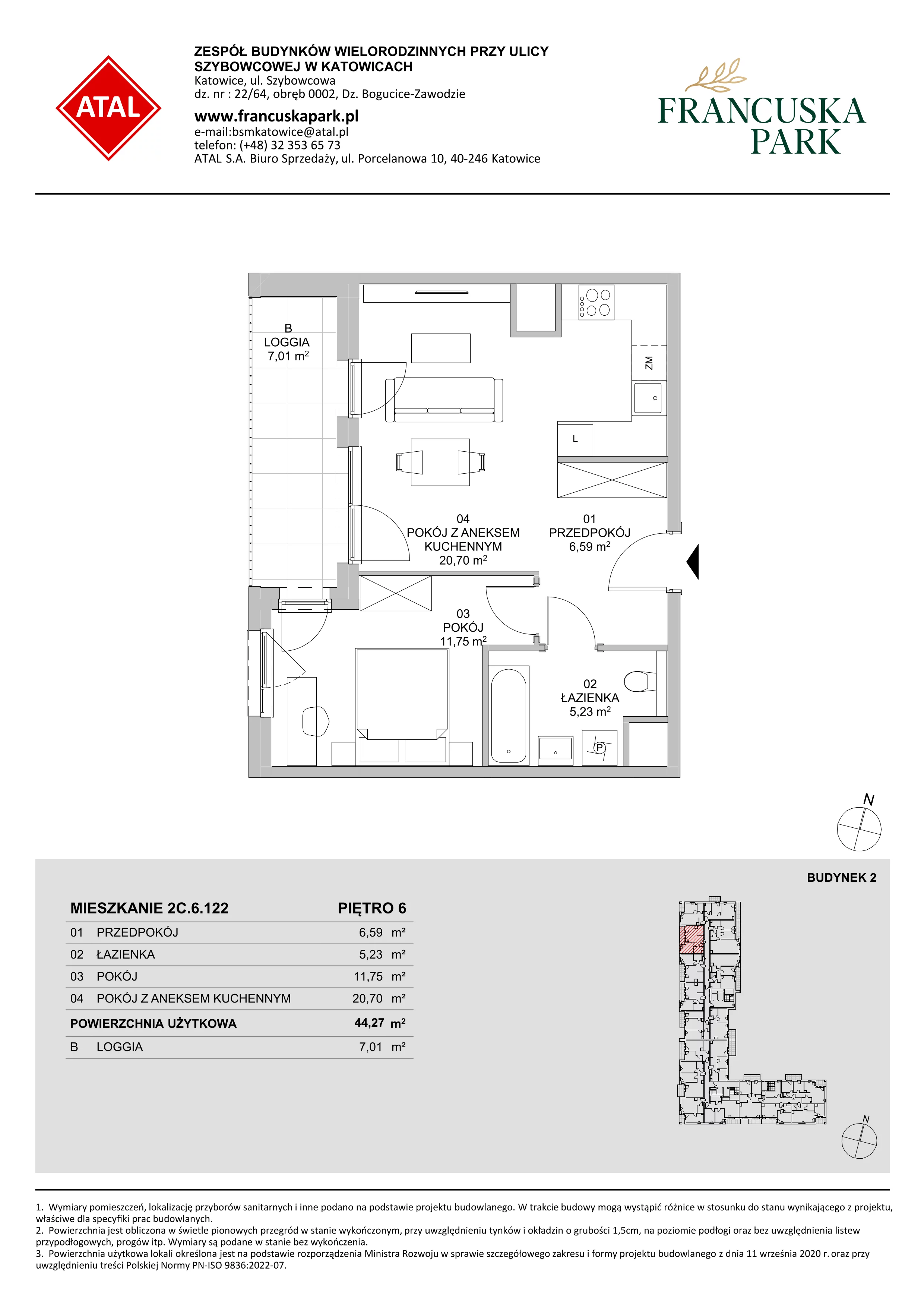 Mieszkanie 44,27 m², piętro 6, oferta nr 2C.6.122, Francuska Park VIII, Katowice, Osiedle Paderewskiego-Muchowiec, Muchowiec, ul. Szybowcowa