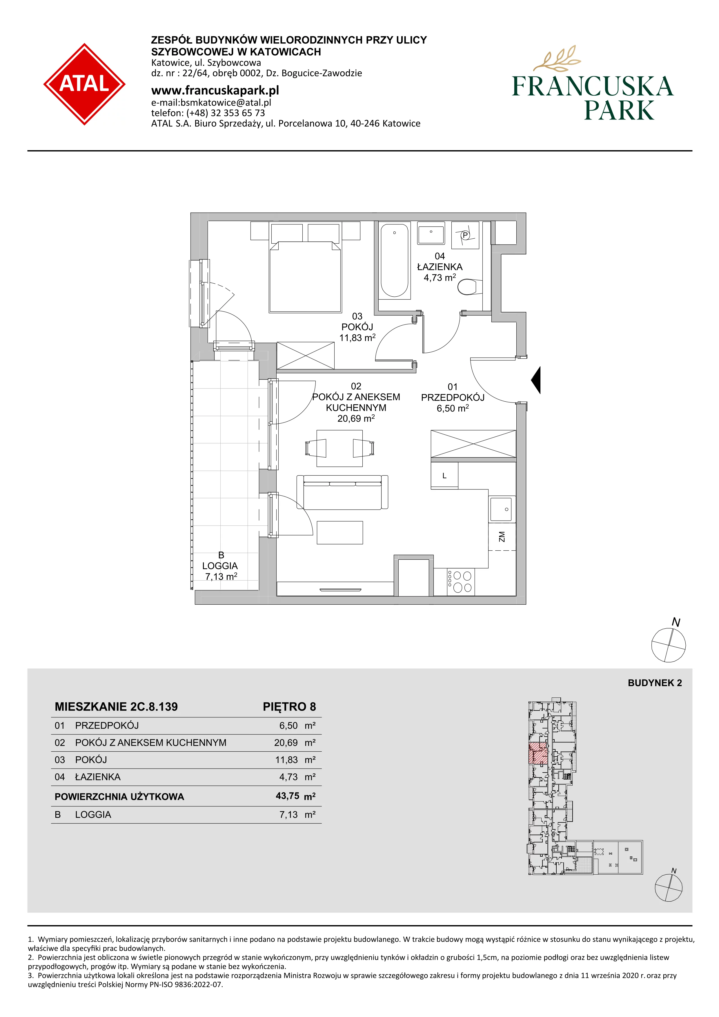 Mieszkanie 43,75 m², piętro 8, oferta nr 2C.8.139, Francuska Park VIII, Katowice, Osiedle Paderewskiego-Muchowiec, Muchowiec, ul. Szybowcowa