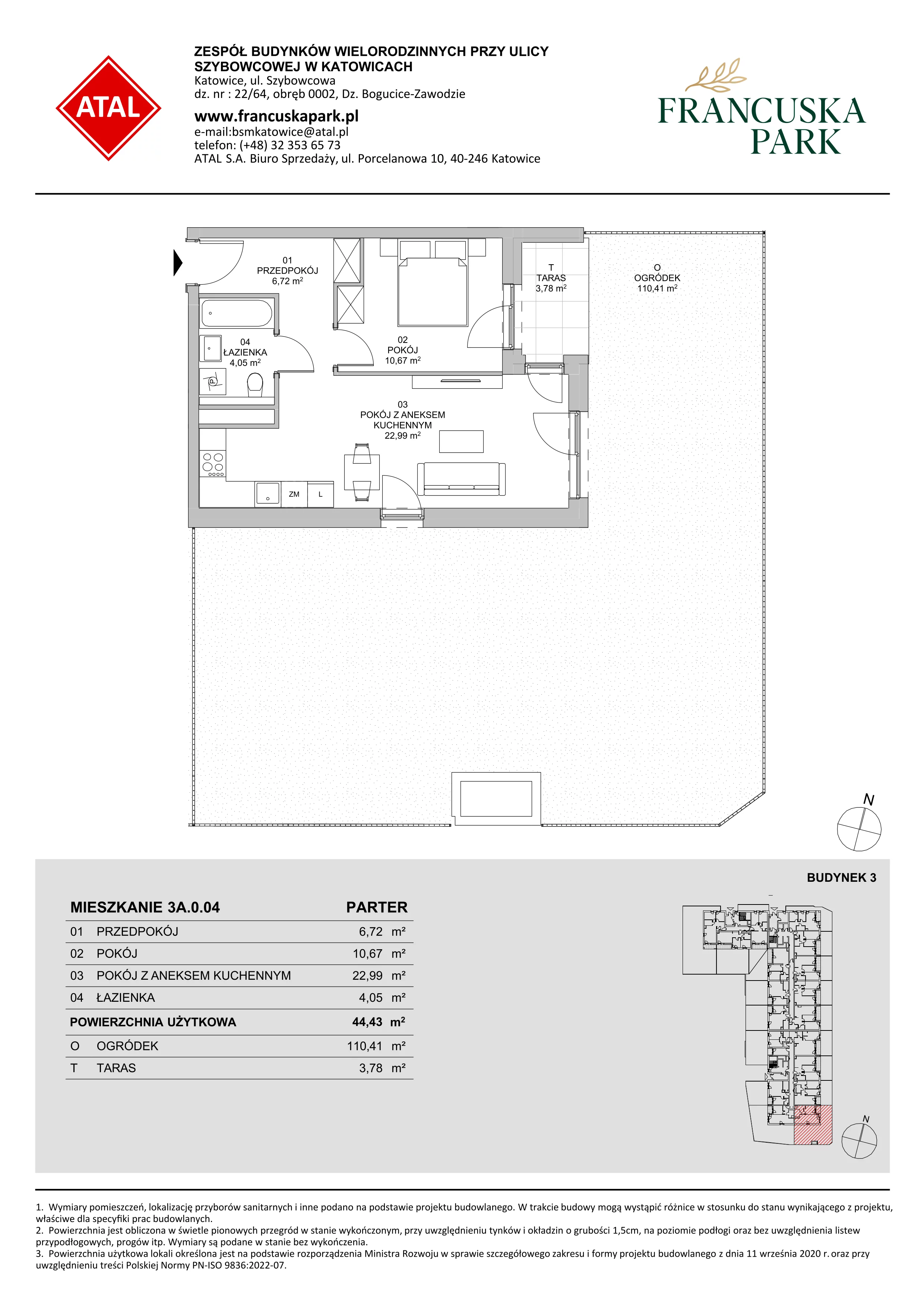 Mieszkanie 44,43 m², parter, oferta nr 3A.0.04, Francuska Park VIII, Katowice, Osiedle Paderewskiego-Muchowiec, Muchowiec, ul. Szybowcowa