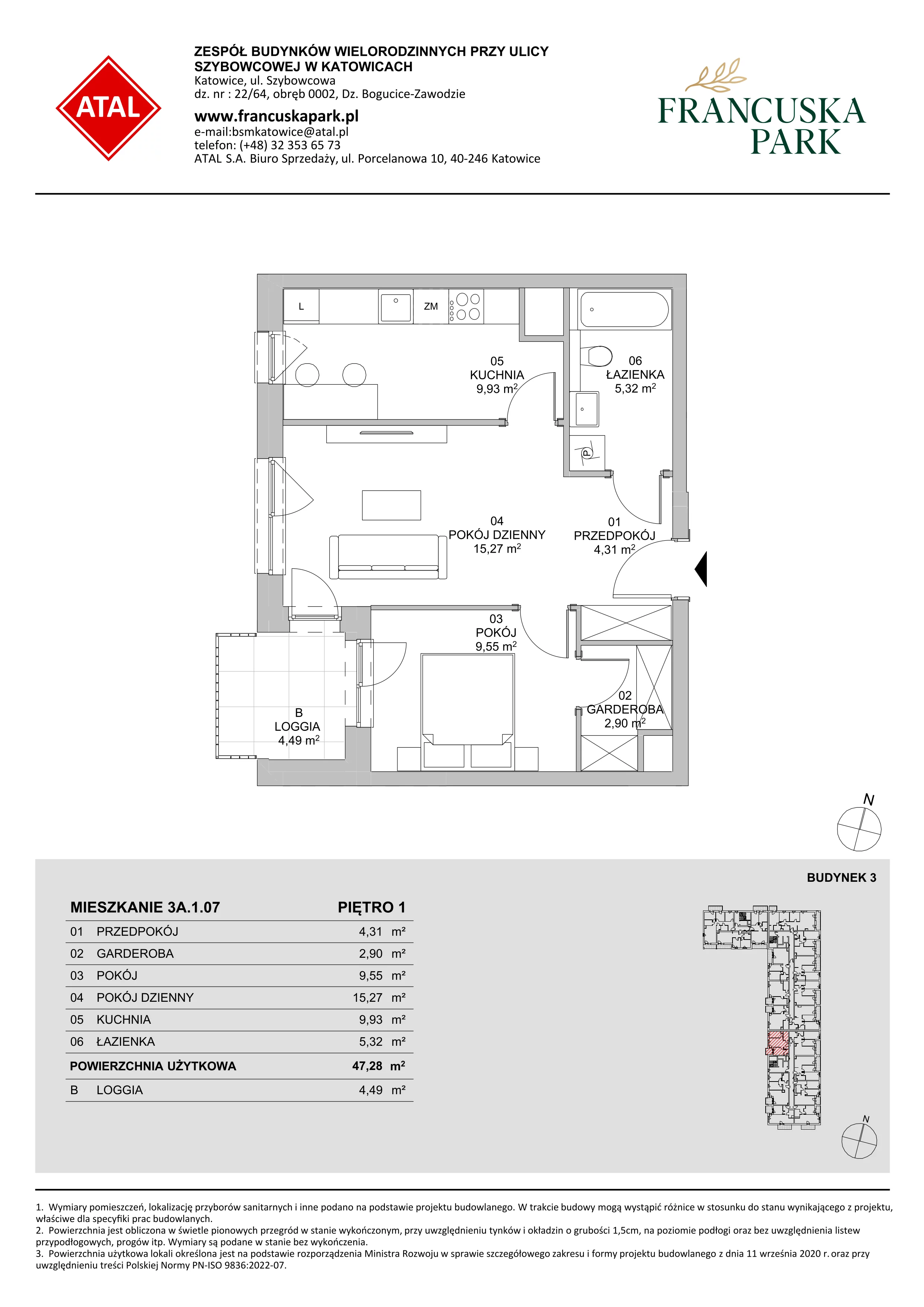 Mieszkanie 47,28 m², piętro 1, oferta nr 3A.1.07, Francuska Park VIII, Katowice, Osiedle Paderewskiego-Muchowiec, Muchowiec, ul. Szybowcowa