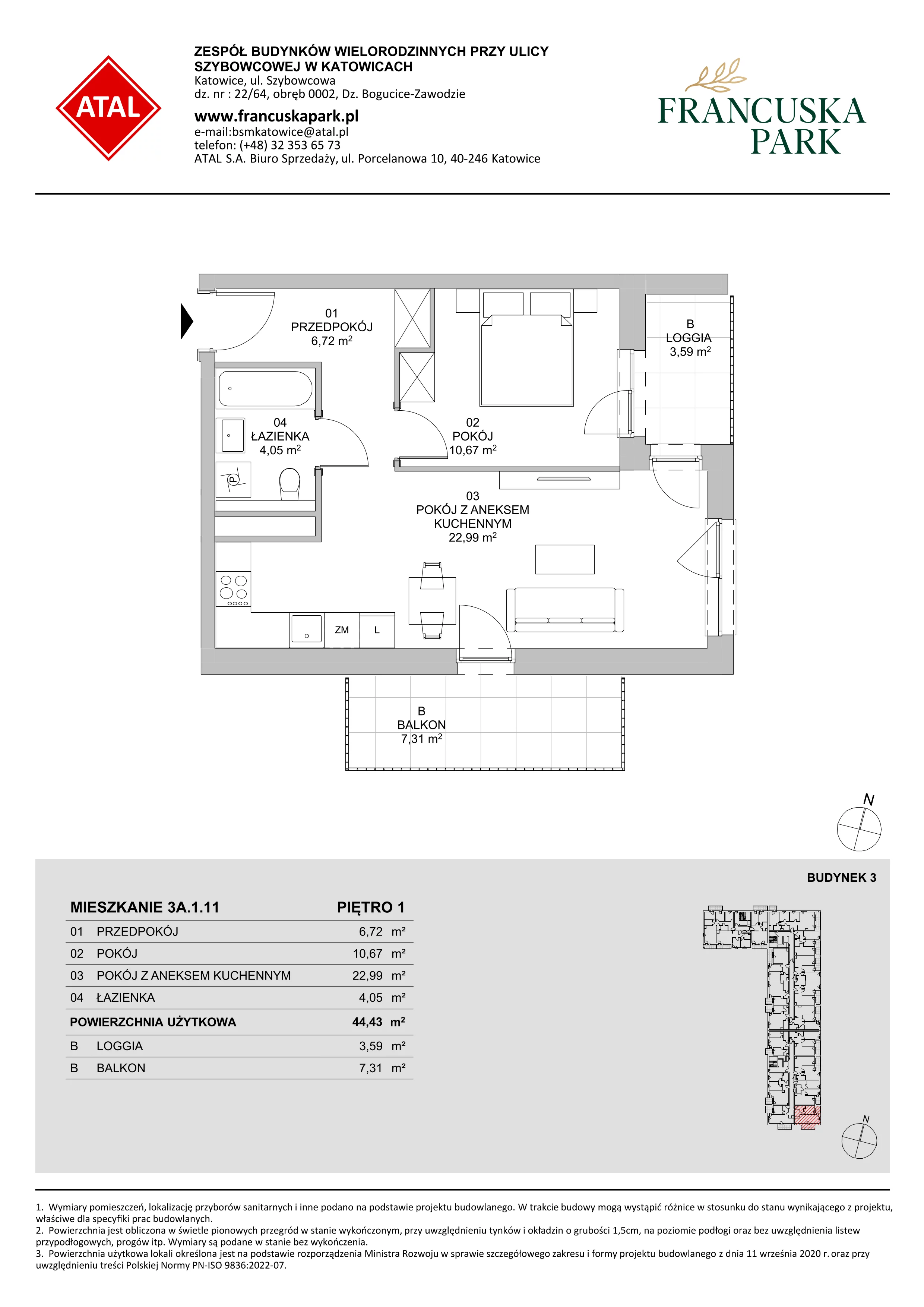 Mieszkanie 44,43 m², piętro 1, oferta nr 3A.1.11, Francuska Park VIII, Katowice, Osiedle Paderewskiego-Muchowiec, Muchowiec, ul. Szybowcowa