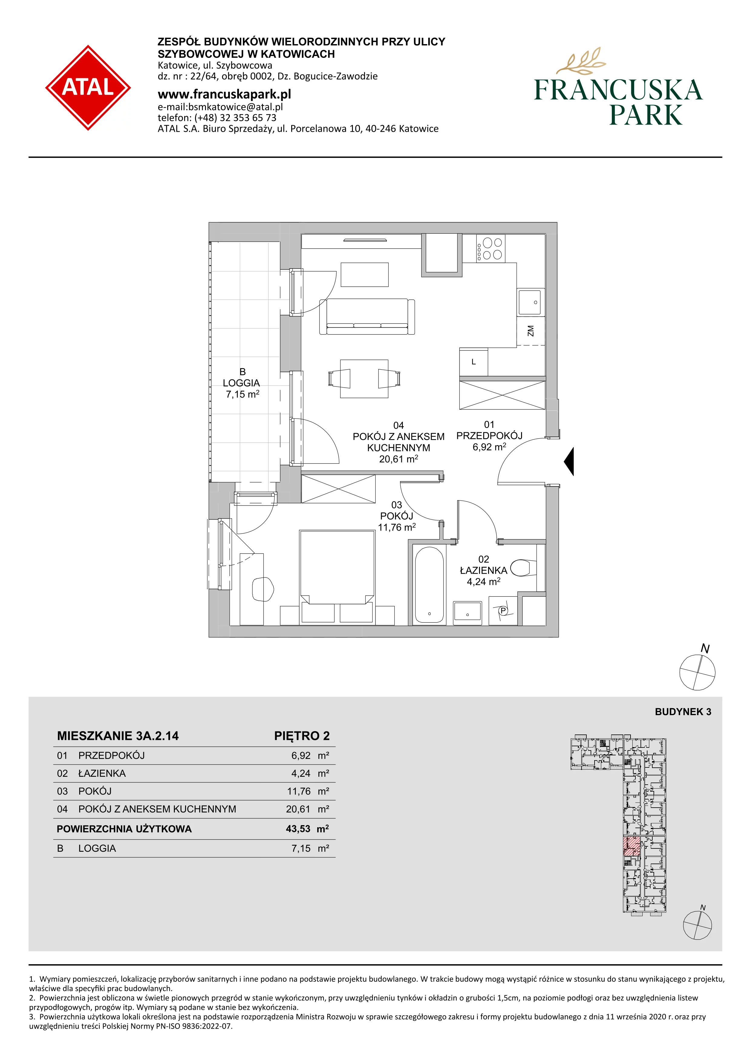 Mieszkanie 43,53 m², piętro 2, oferta nr 3A.2.14, Francuska Park VIII, Katowice, Osiedle Paderewskiego-Muchowiec, Muchowiec, ul. Szybowcowa