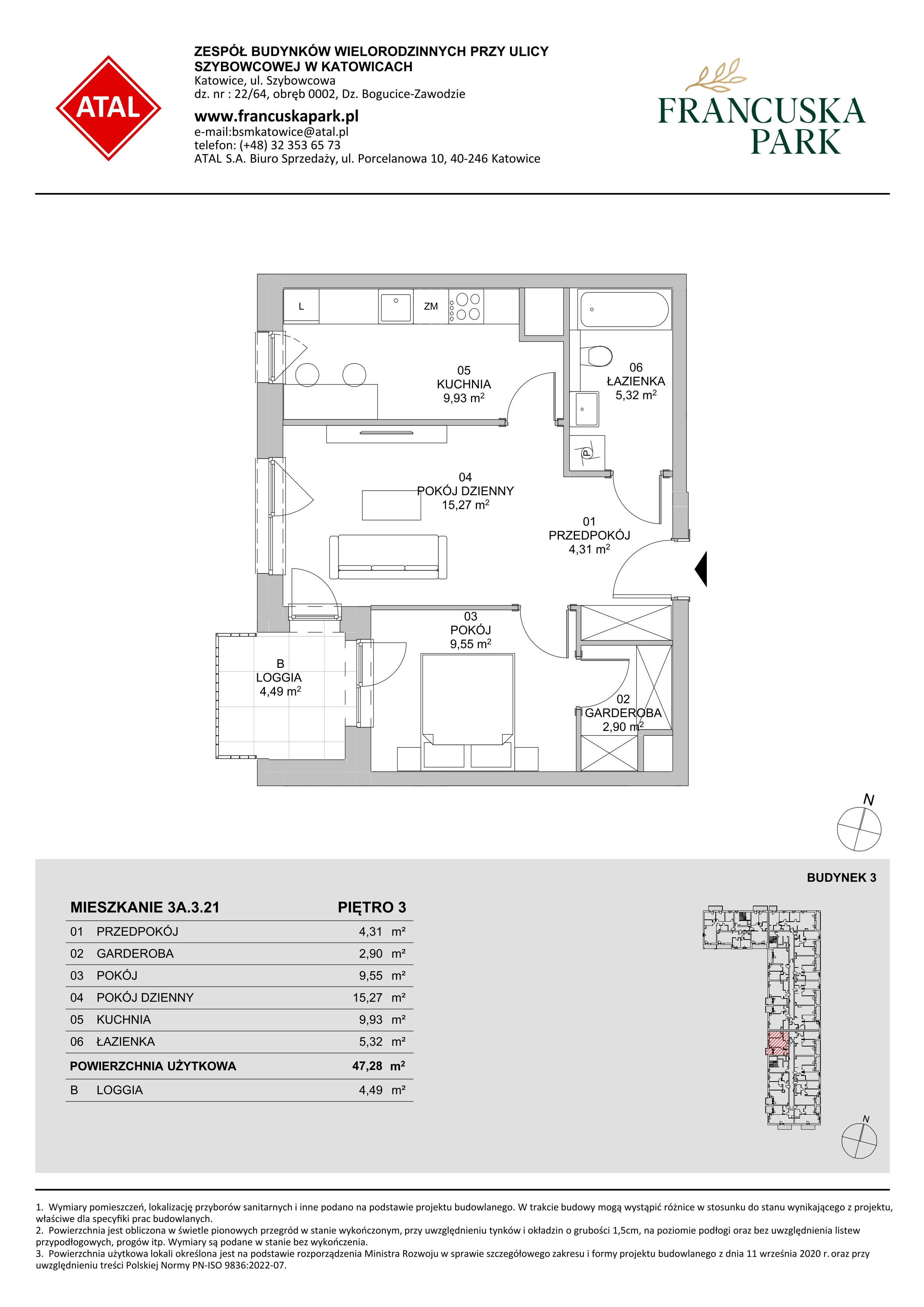 Mieszkanie 47,28 m², piętro 3, oferta nr 3A.3.21, Francuska Park VIII, Katowice, Osiedle Paderewskiego-Muchowiec, Muchowiec, ul. Szybowcowa