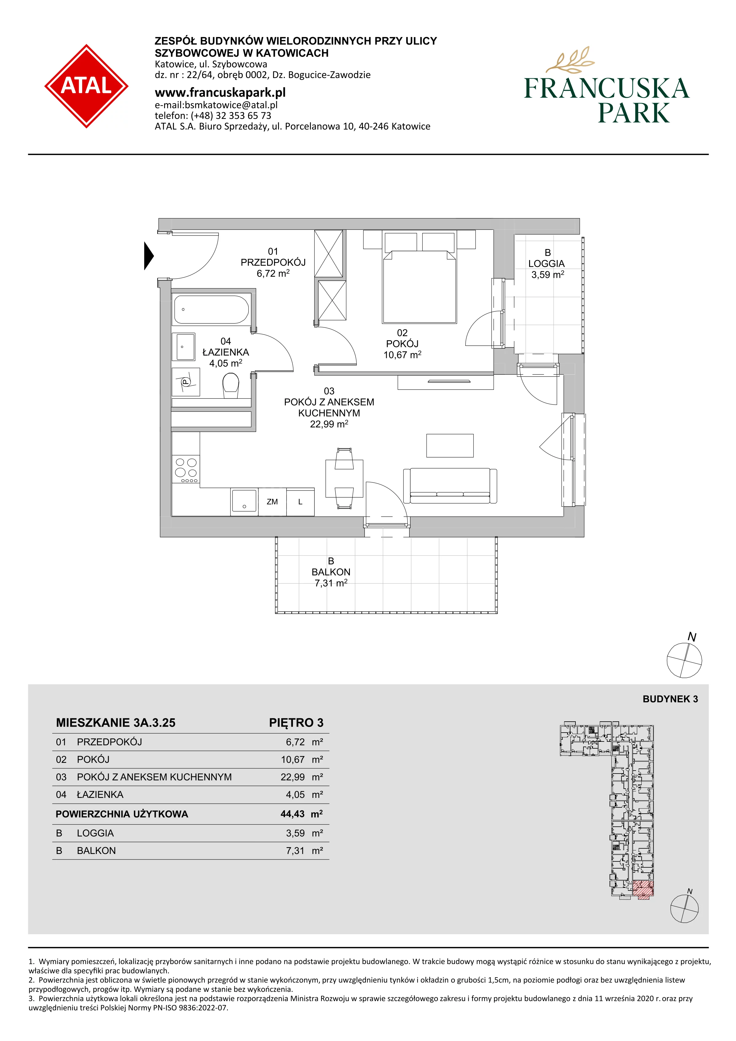 Mieszkanie 44,43 m², piętro 3, oferta nr 3A.3.25, Francuska Park VIII, Katowice, Osiedle Paderewskiego-Muchowiec, Muchowiec, ul. Szybowcowa