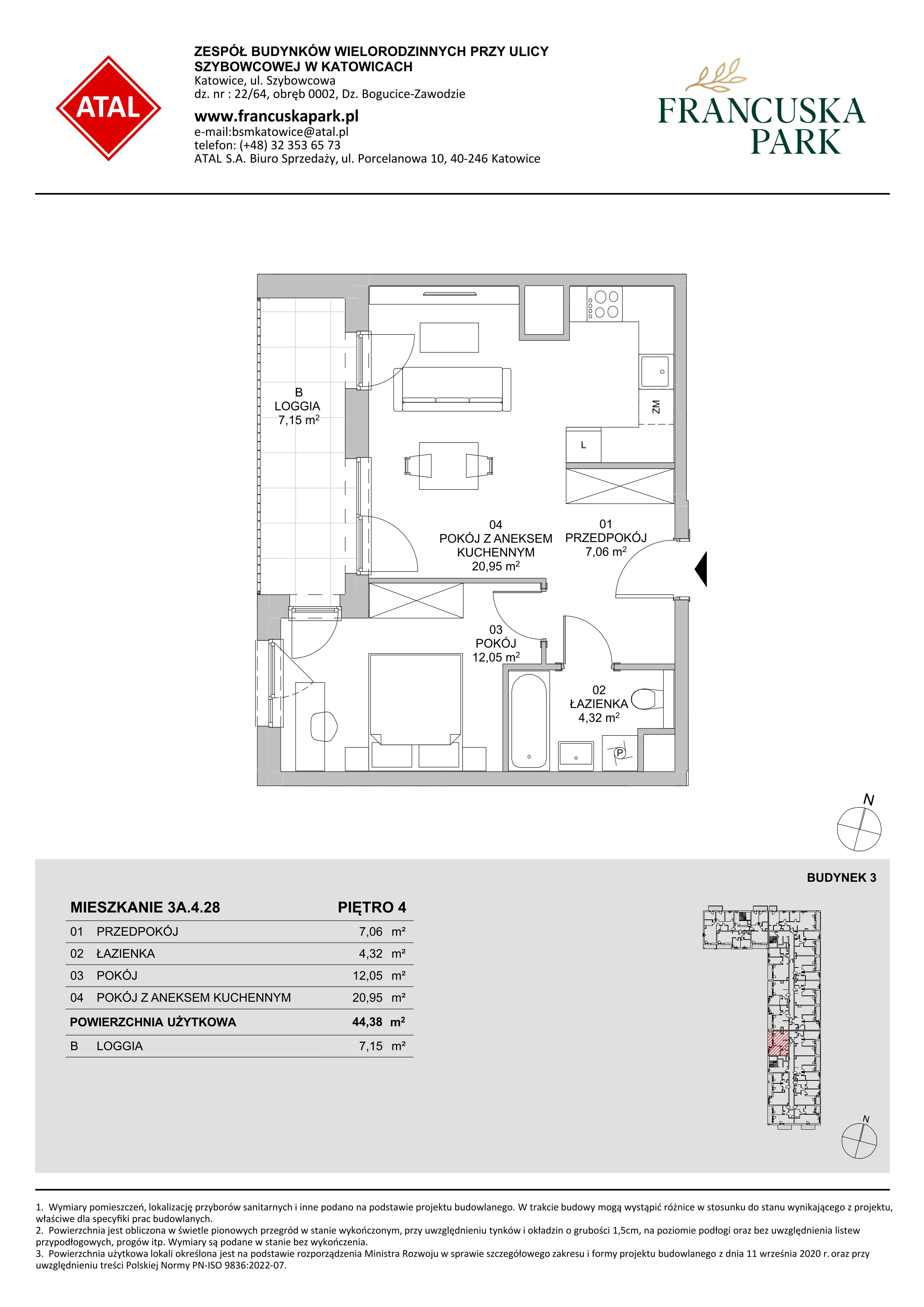 Mieszkanie 44,87 m², piętro 4, oferta nr 3A.4.28, Francuska Park VIII, Katowice, Osiedle Paderewskiego-Muchowiec, Muchowiec, ul. Szybowcowa