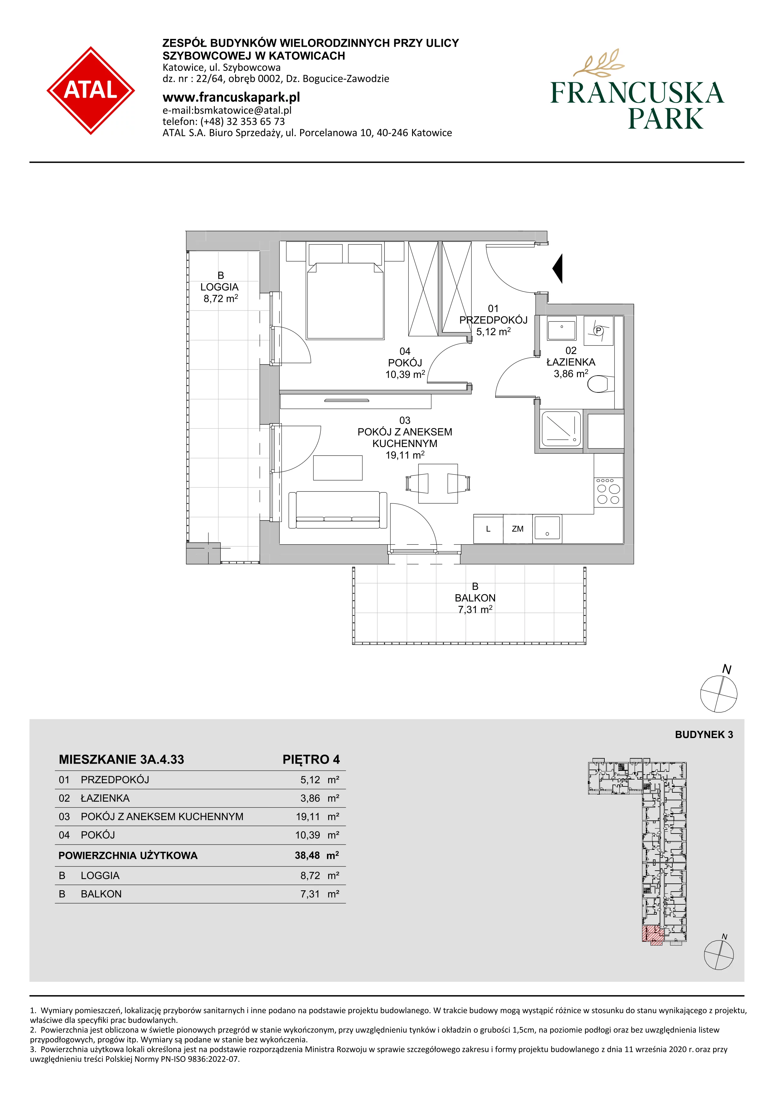 Mieszkanie 38,87 m², piętro 4, oferta nr 3A.4.33, Francuska Park VIII, Katowice, Osiedle Paderewskiego-Muchowiec, Muchowiec, ul. Szybowcowa