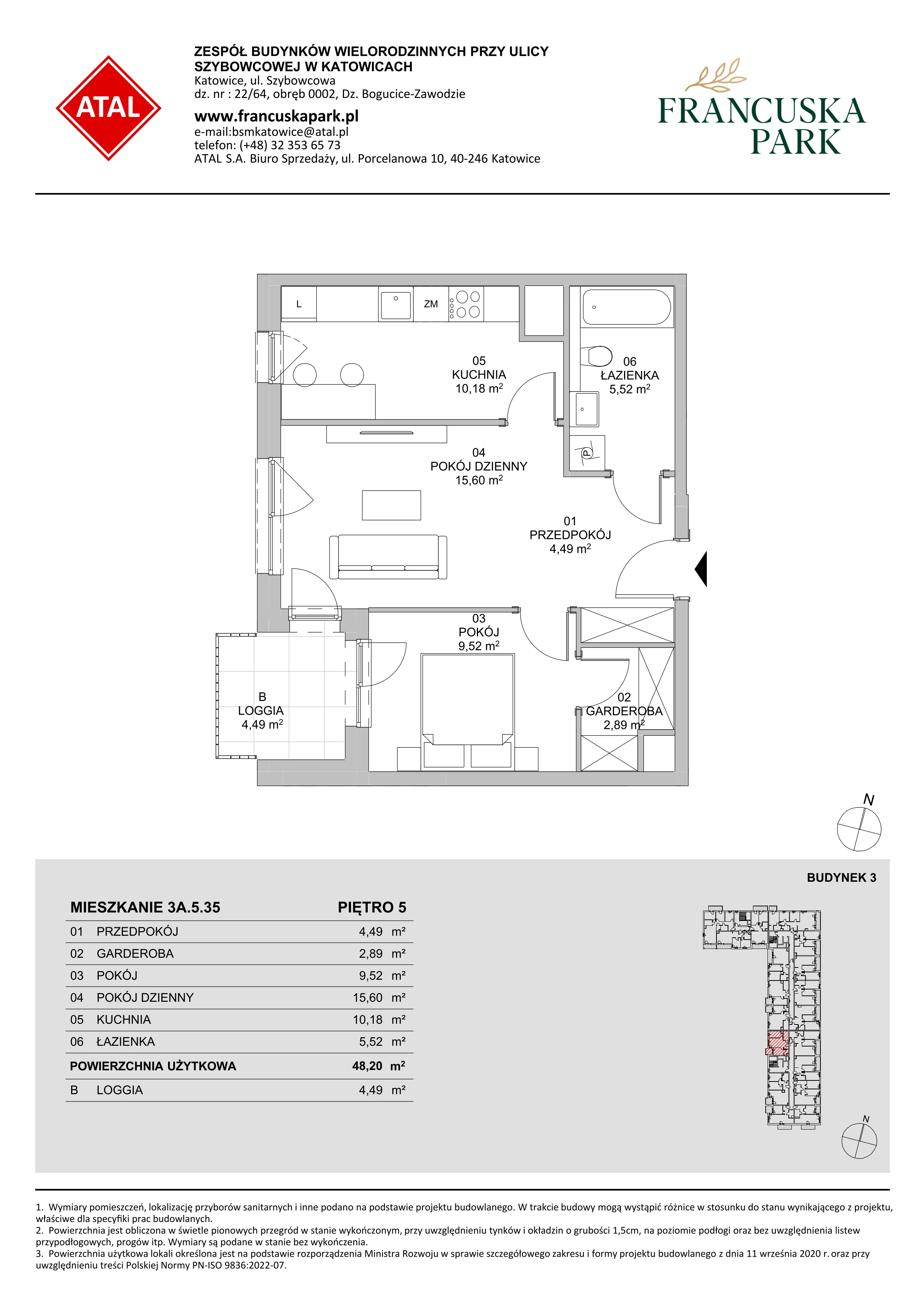 Mieszkanie 48,56 m², piętro 5, oferta nr 3A.5.35, Francuska Park VIII, Katowice, Osiedle Paderewskiego-Muchowiec, Muchowiec, ul. Szybowcowa