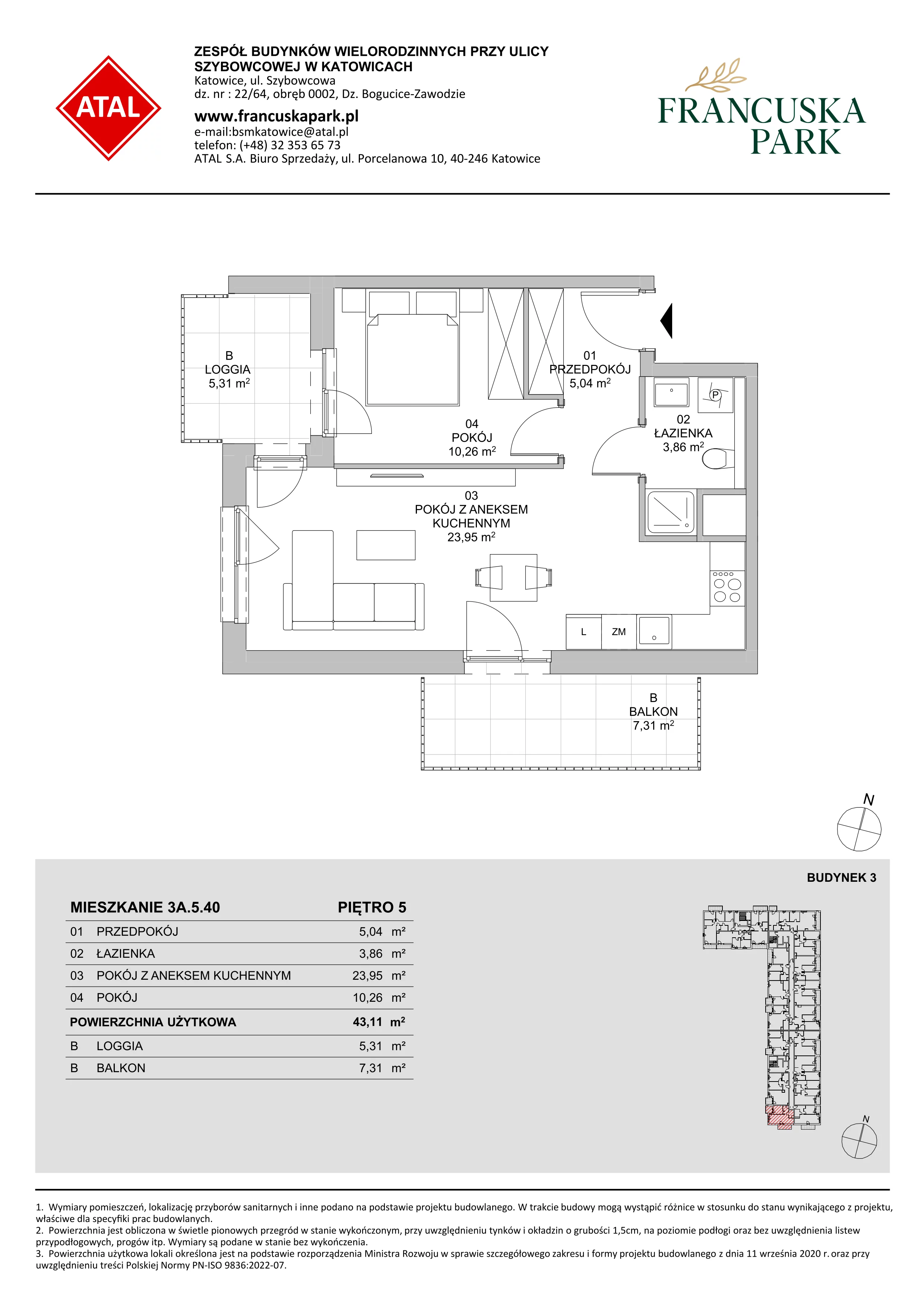 Mieszkanie 43,16 m², piętro 5, oferta nr 3A.5.40, Francuska Park VIII, Katowice, Osiedle Paderewskiego-Muchowiec, Muchowiec, ul. Szybowcowa