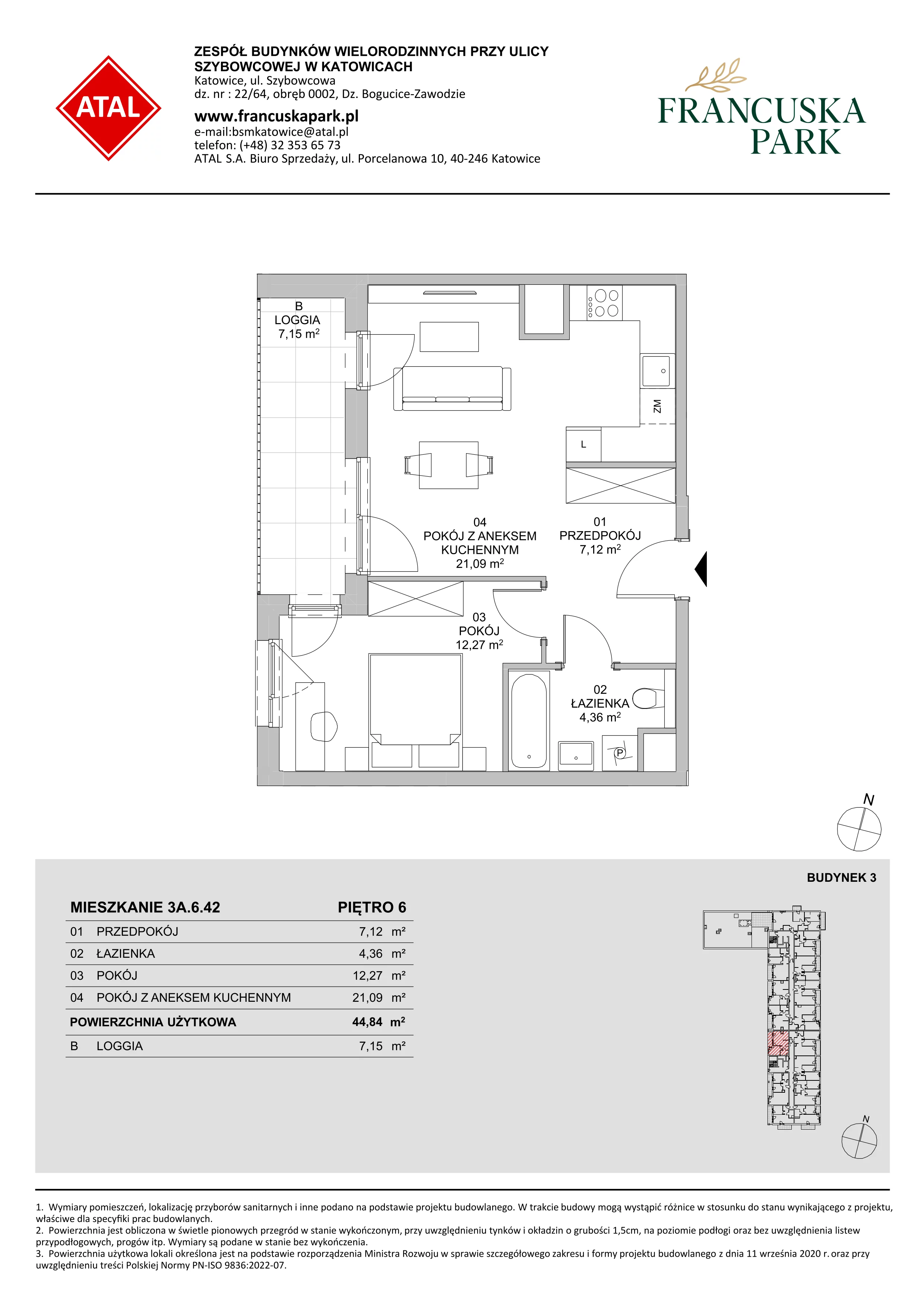 Mieszkanie 44,81 m², piętro 6, oferta nr 3A.6.42, Francuska Park VIII, Katowice, Osiedle Paderewskiego-Muchowiec, Muchowiec, ul. Szybowcowa