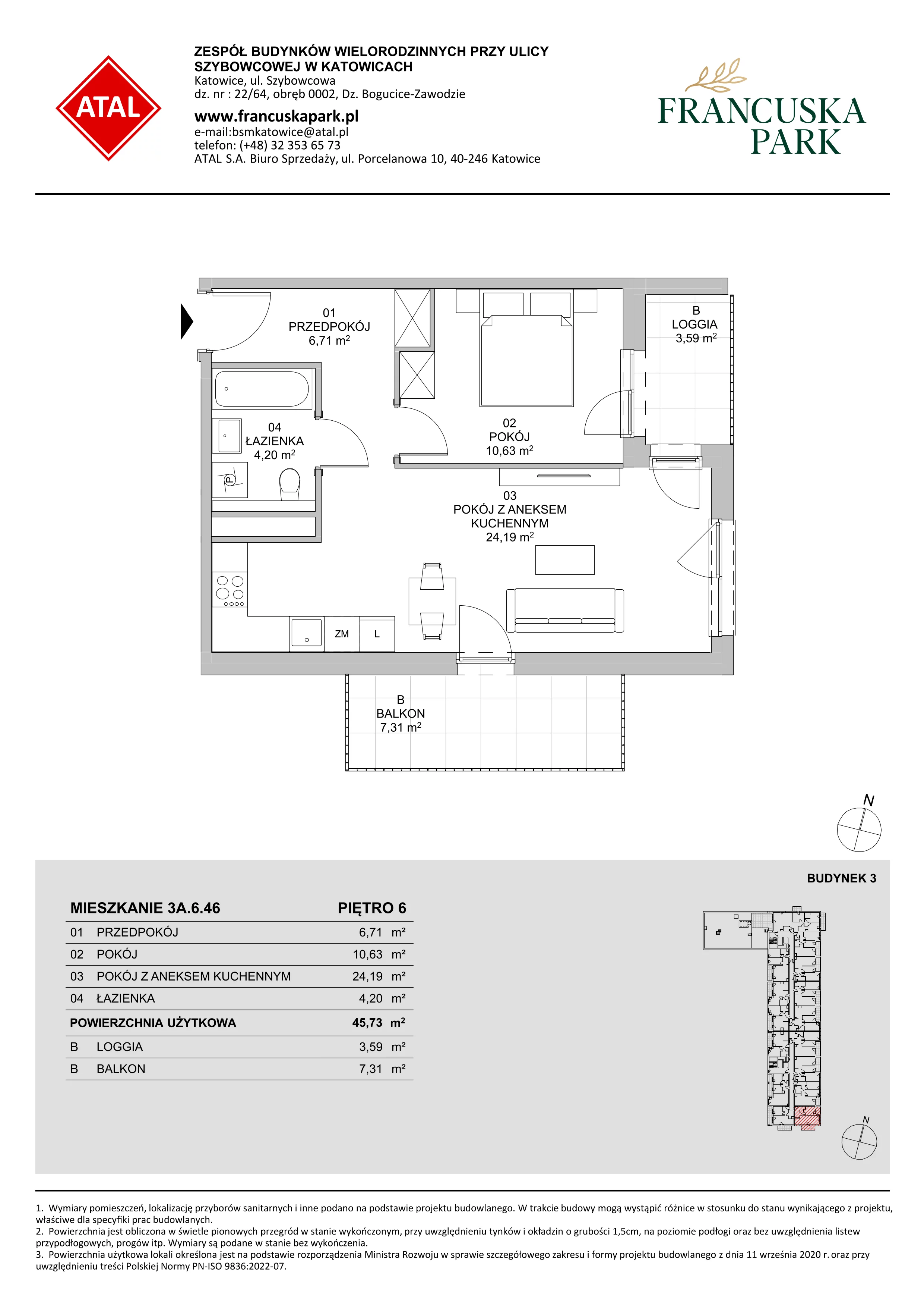 Mieszkanie 45,73 m², piętro 6, oferta nr 3A.6.46, Francuska Park VIII, Katowice, Osiedle Paderewskiego-Muchowiec, Muchowiec, ul. Szybowcowa