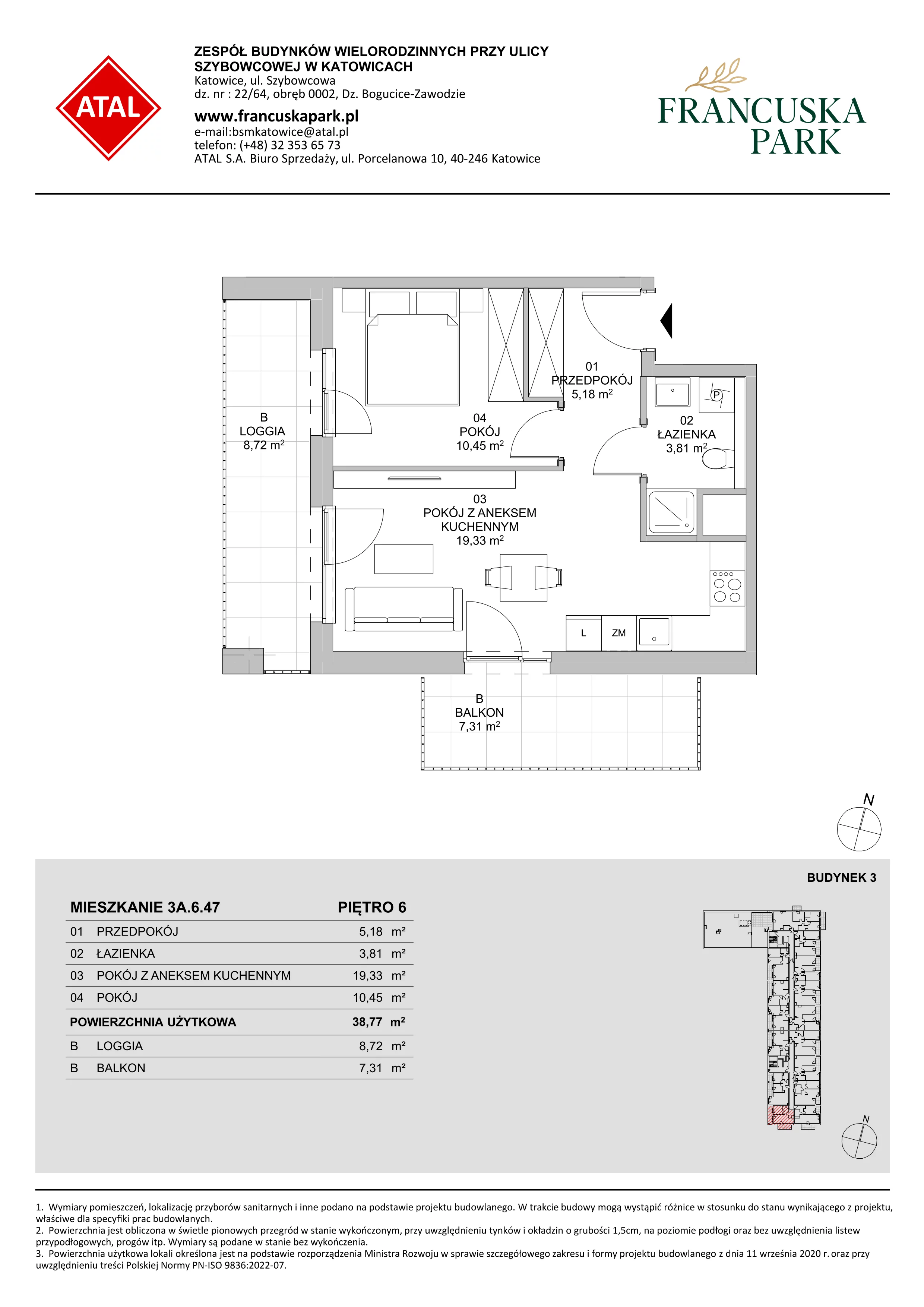 Mieszkanie 38,87 m², piętro 6, oferta nr 3A.6.47, Francuska Park VIII, Katowice, Osiedle Paderewskiego-Muchowiec, Muchowiec, ul. Szybowcowa