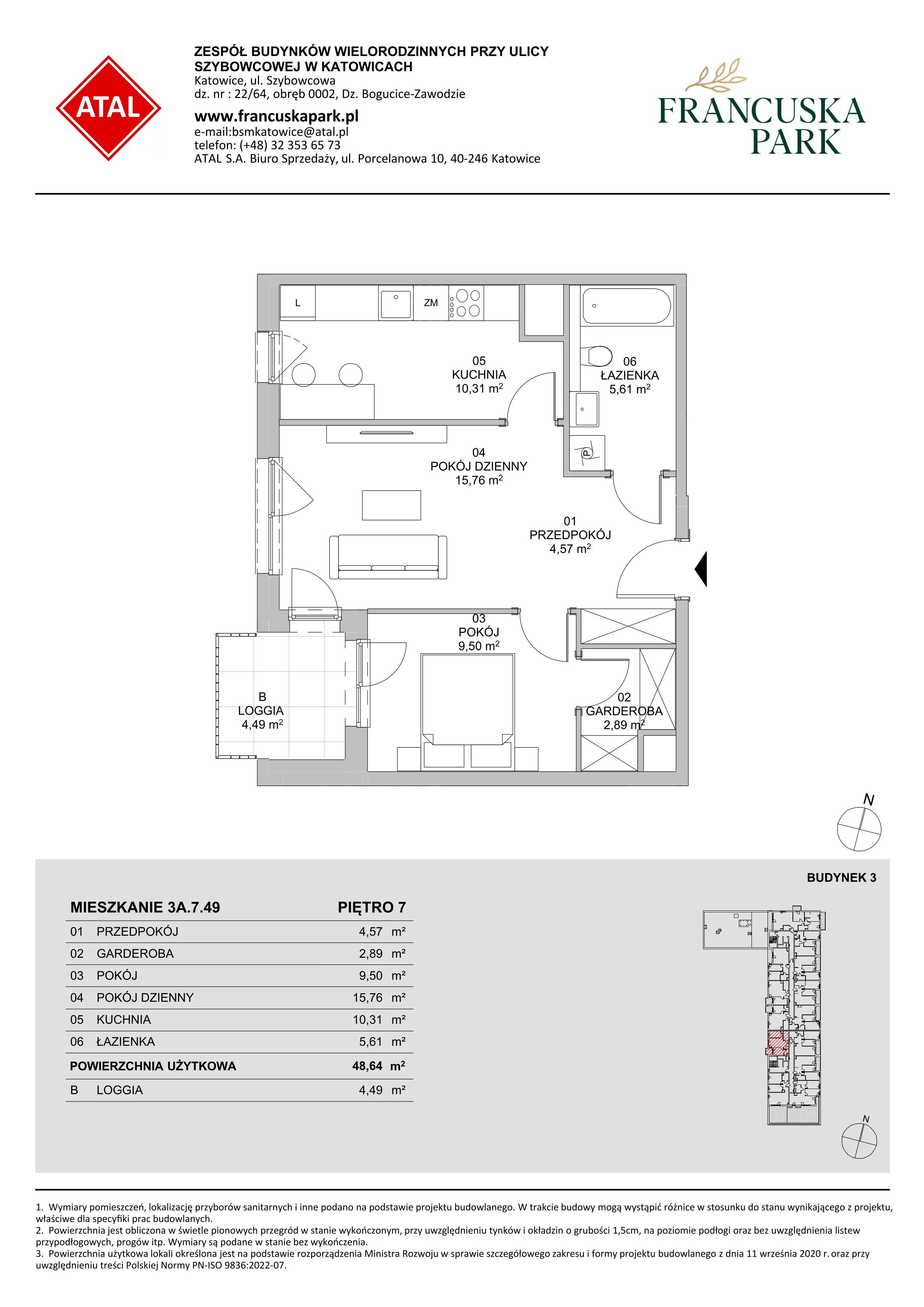 Mieszkanie 48,57 m², piętro 7, oferta nr 3A.7.49, Francuska Park VIII, Katowice, Osiedle Paderewskiego-Muchowiec, Muchowiec, ul. Szybowcowa