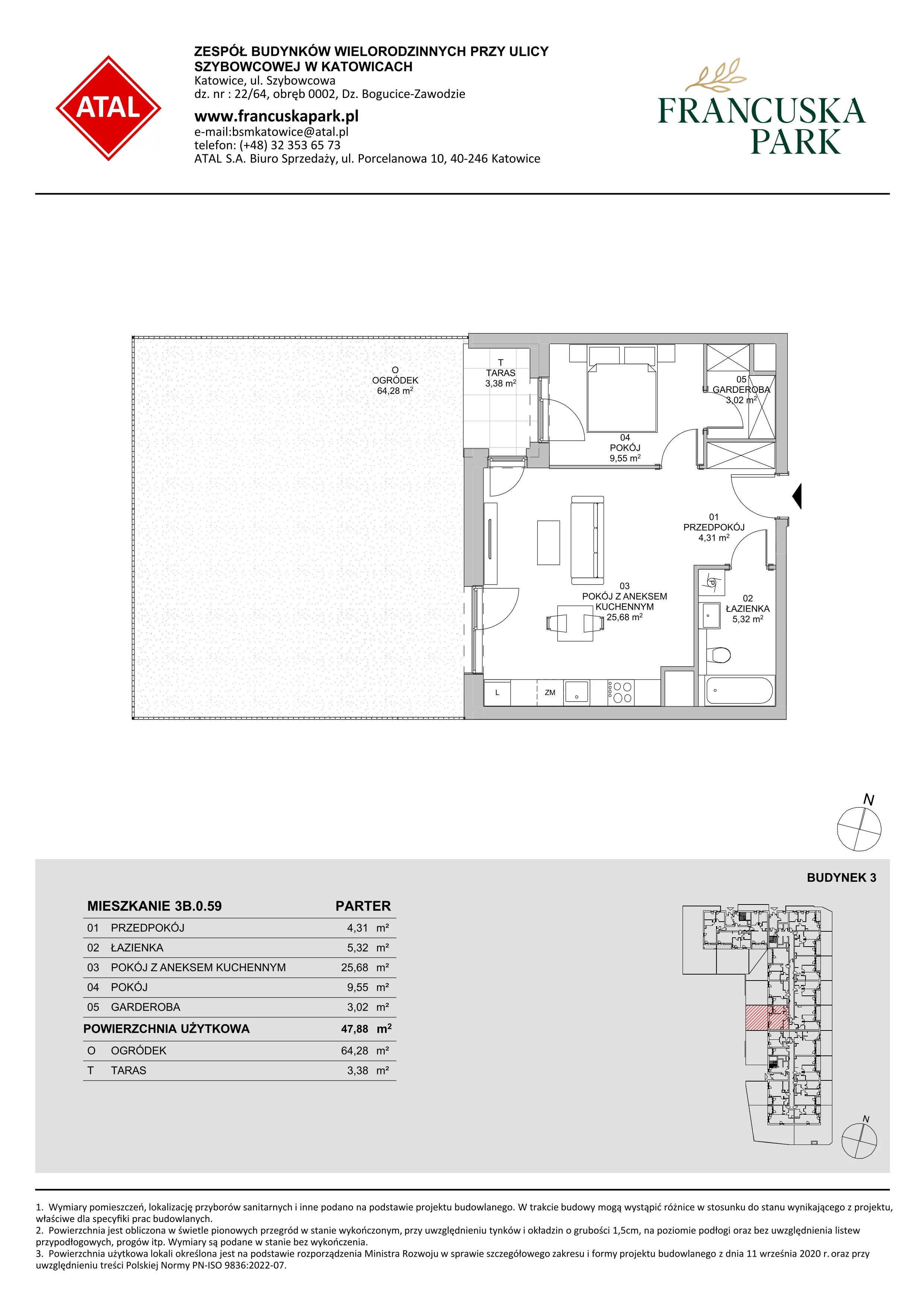 Mieszkanie 47,88 m², parter, oferta nr 3B.0.59, Francuska Park VIII, Katowice, Osiedle Paderewskiego-Muchowiec, Muchowiec, ul. Szybowcowa