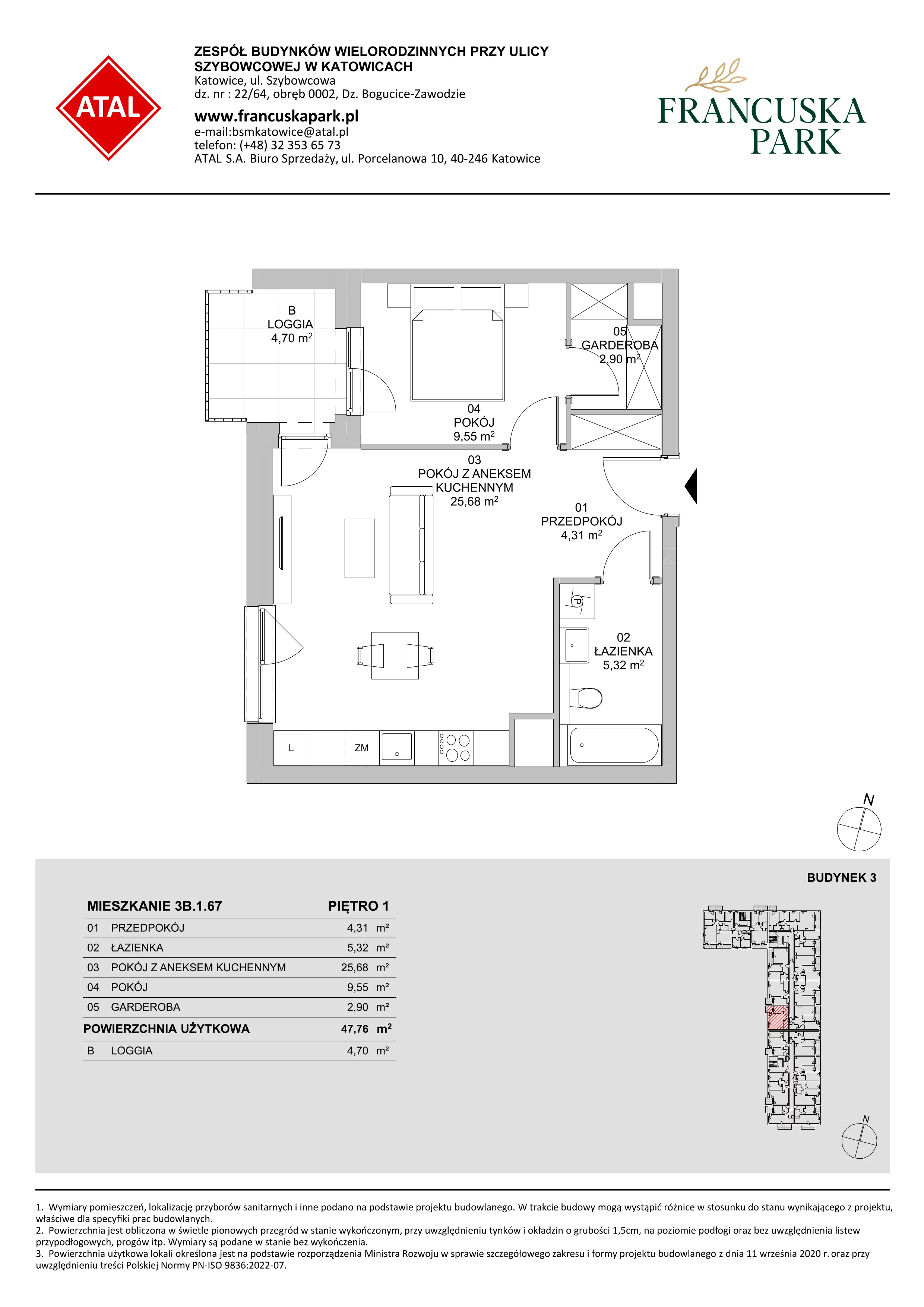 Mieszkanie 47,76 m², piętro 1, oferta nr 3B.1.67, Francuska Park VIII, Katowice, Osiedle Paderewskiego-Muchowiec, Muchowiec, ul. Szybowcowa