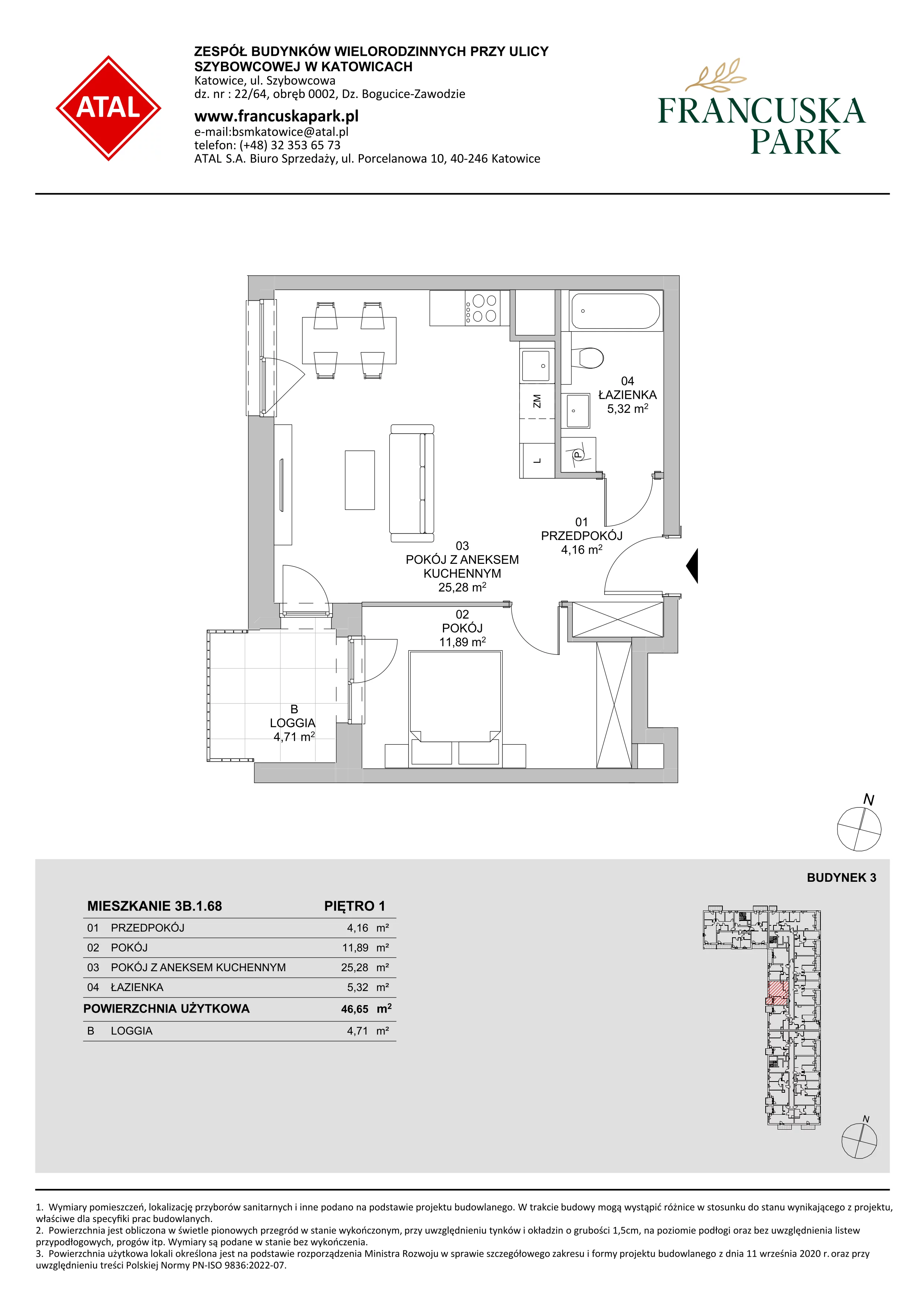 Mieszkanie 46,65 m², piętro 1, oferta nr 3B.1.68, Francuska Park VIII, Katowice, Osiedle Paderewskiego-Muchowiec, Muchowiec, ul. Szybowcowa