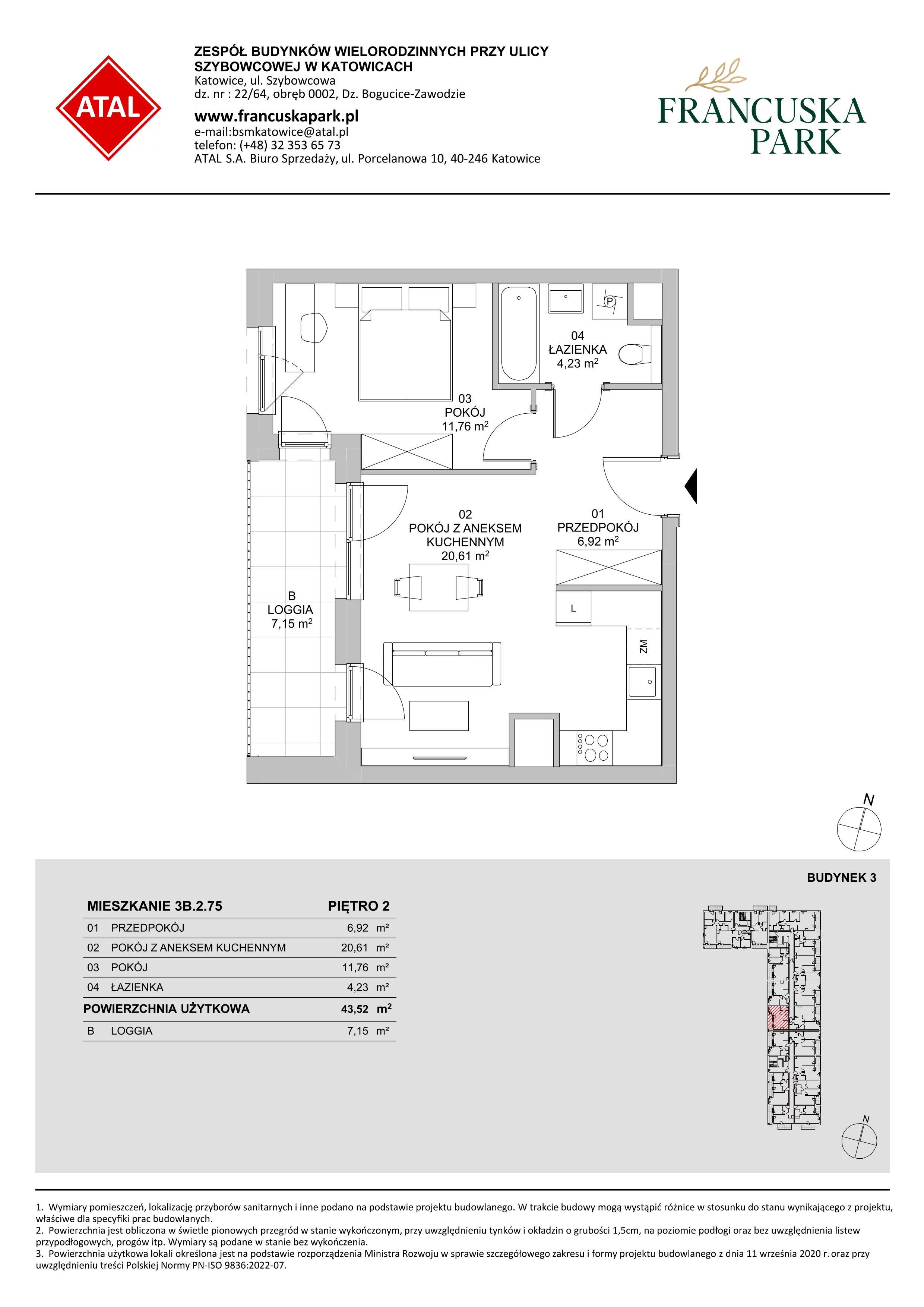 Mieszkanie 43,52 m², piętro 2, oferta nr 3B.2.75, Francuska Park VIII, Katowice, Osiedle Paderewskiego-Muchowiec, Muchowiec, ul. Szybowcowa