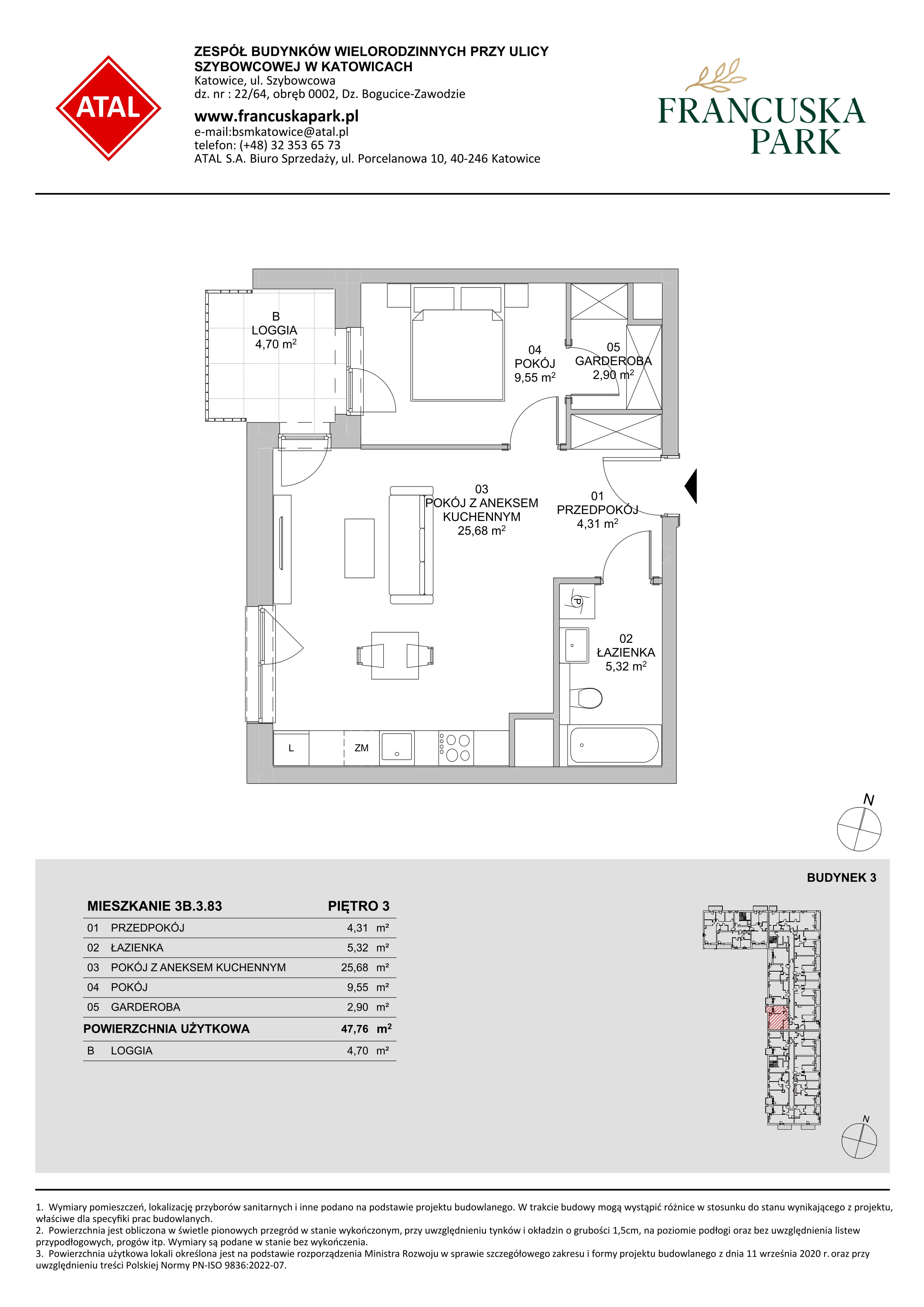 Mieszkanie 47,76 m², piętro 3, oferta nr 3B.3.83, Francuska Park VIII, Katowice, Osiedle Paderewskiego-Muchowiec, Muchowiec, ul. Szybowcowa