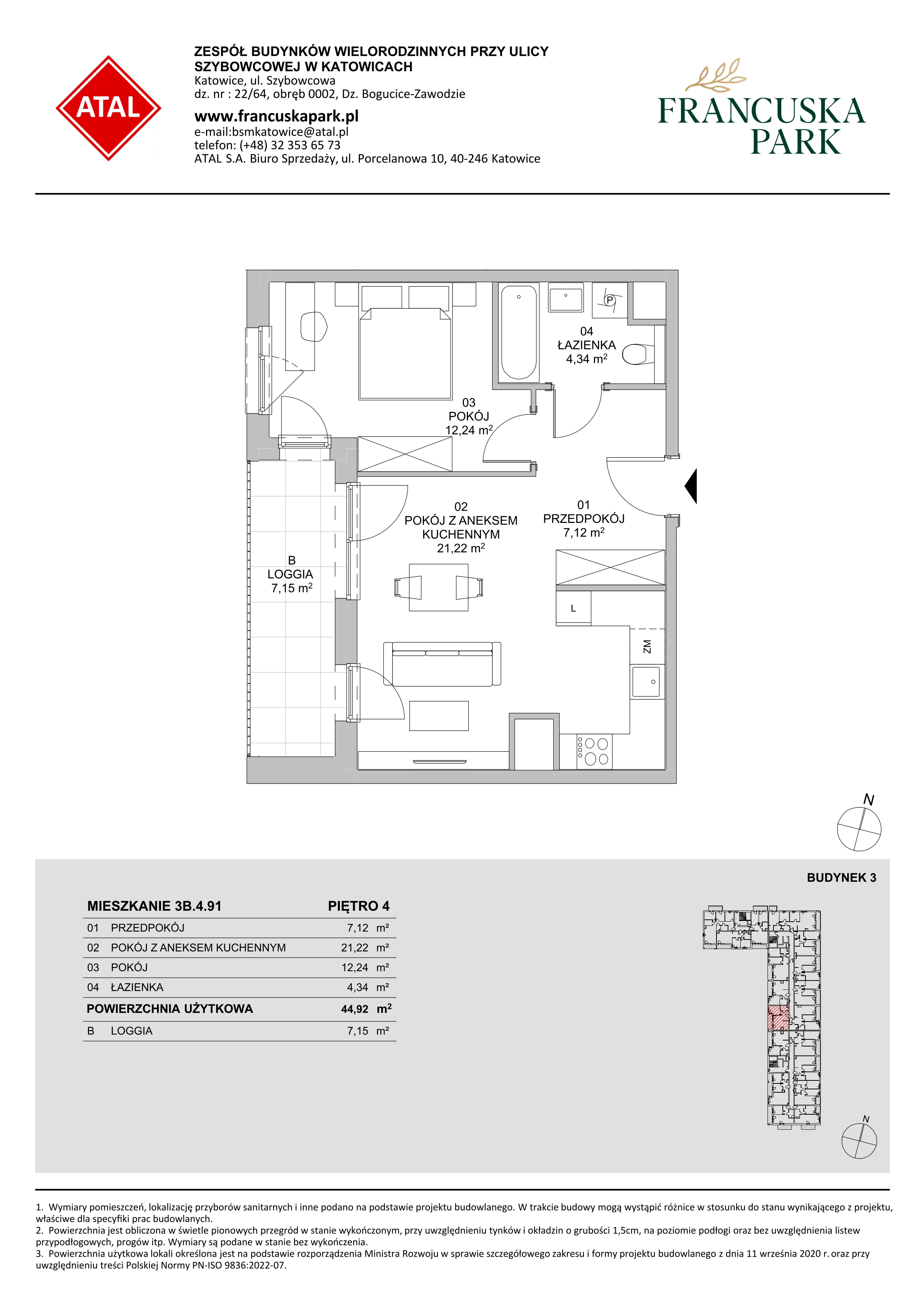 Mieszkanie 44,92 m², piętro 4, oferta nr 3B.4.91, Francuska Park VIII, Katowice, Osiedle Paderewskiego-Muchowiec, Muchowiec, ul. Szybowcowa