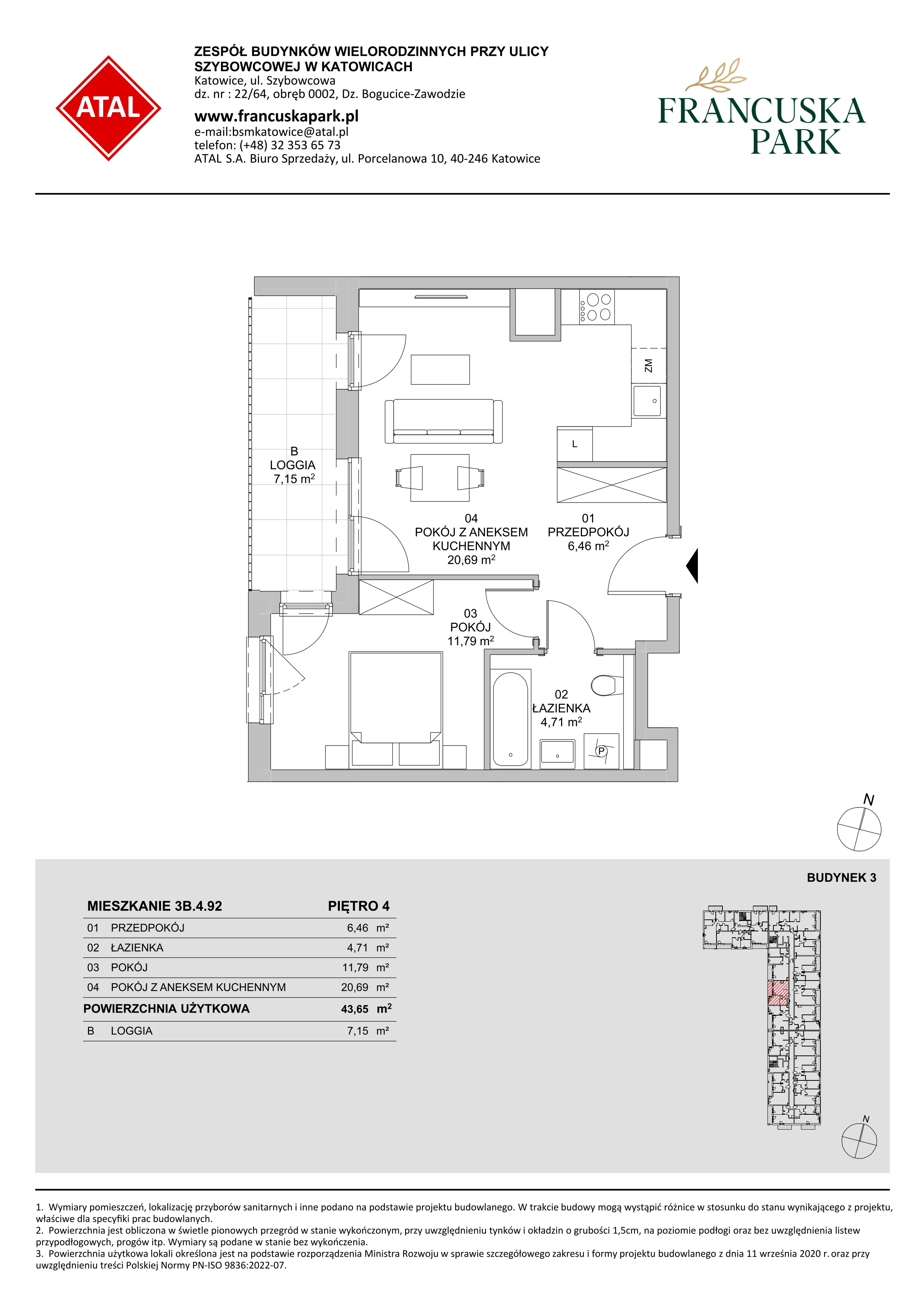 Mieszkanie 43,65 m², piętro 4, oferta nr 3B.4.92, Francuska Park VIII, Katowice, Osiedle Paderewskiego-Muchowiec, Muchowiec, ul. Szybowcowa