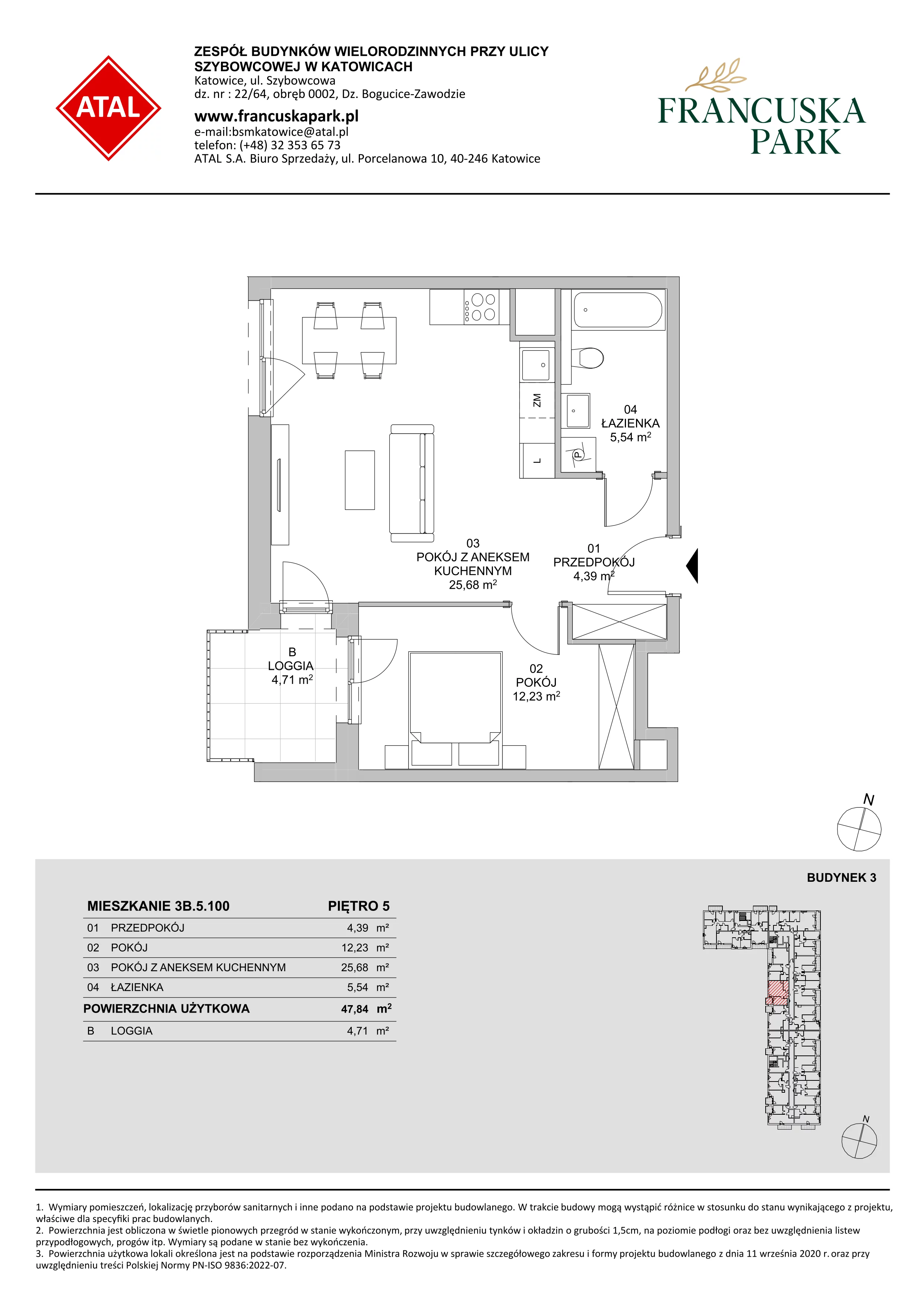 Mieszkanie 47,84 m², piętro 5, oferta nr 3B.5.100, Francuska Park VIII, Katowice, Osiedle Paderewskiego-Muchowiec, Muchowiec, ul. Szybowcowa