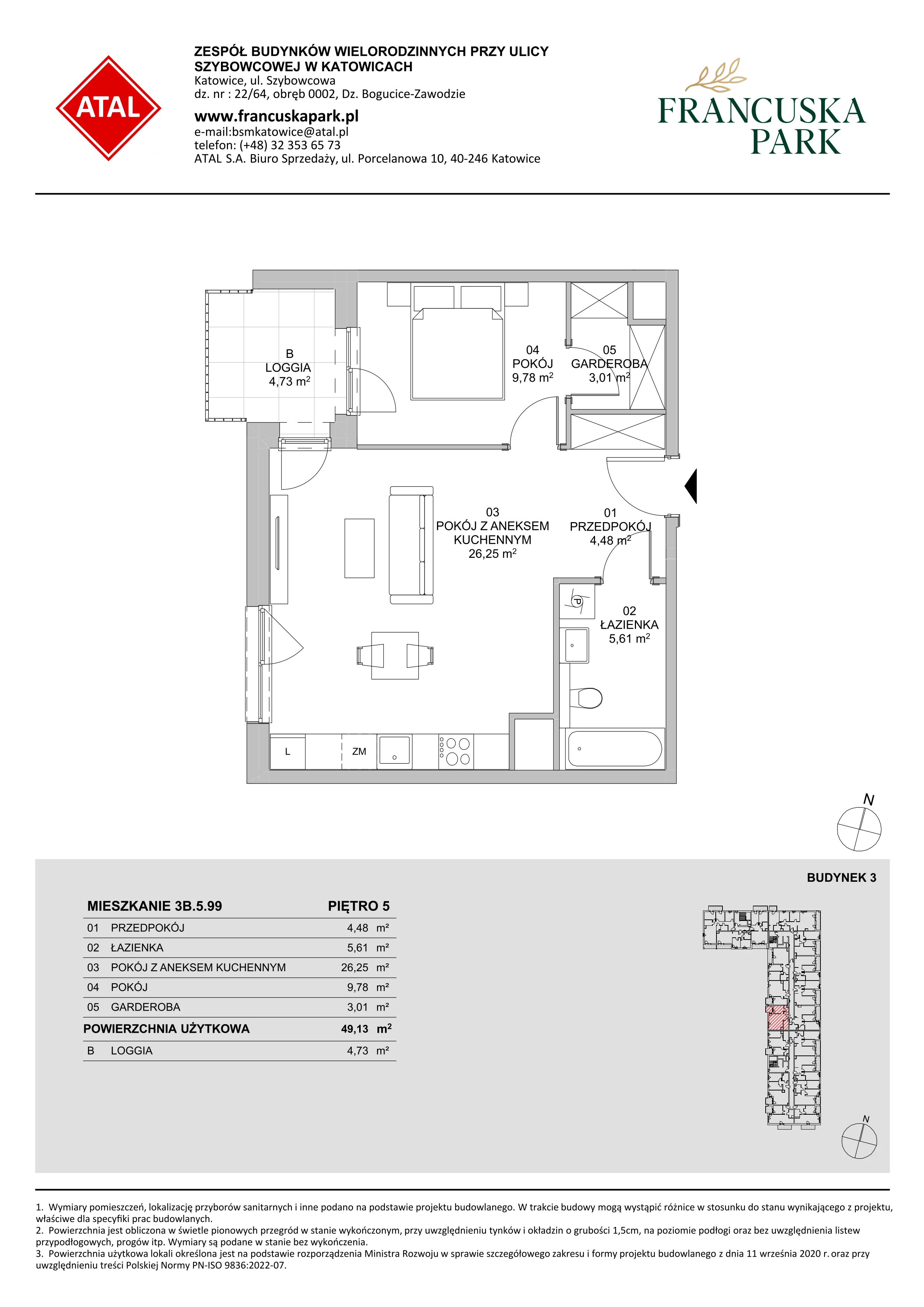 Mieszkanie 49,13 m², piętro 5, oferta nr 3B.5.99, Francuska Park VIII, Katowice, Osiedle Paderewskiego-Muchowiec, Muchowiec, ul. Szybowcowa