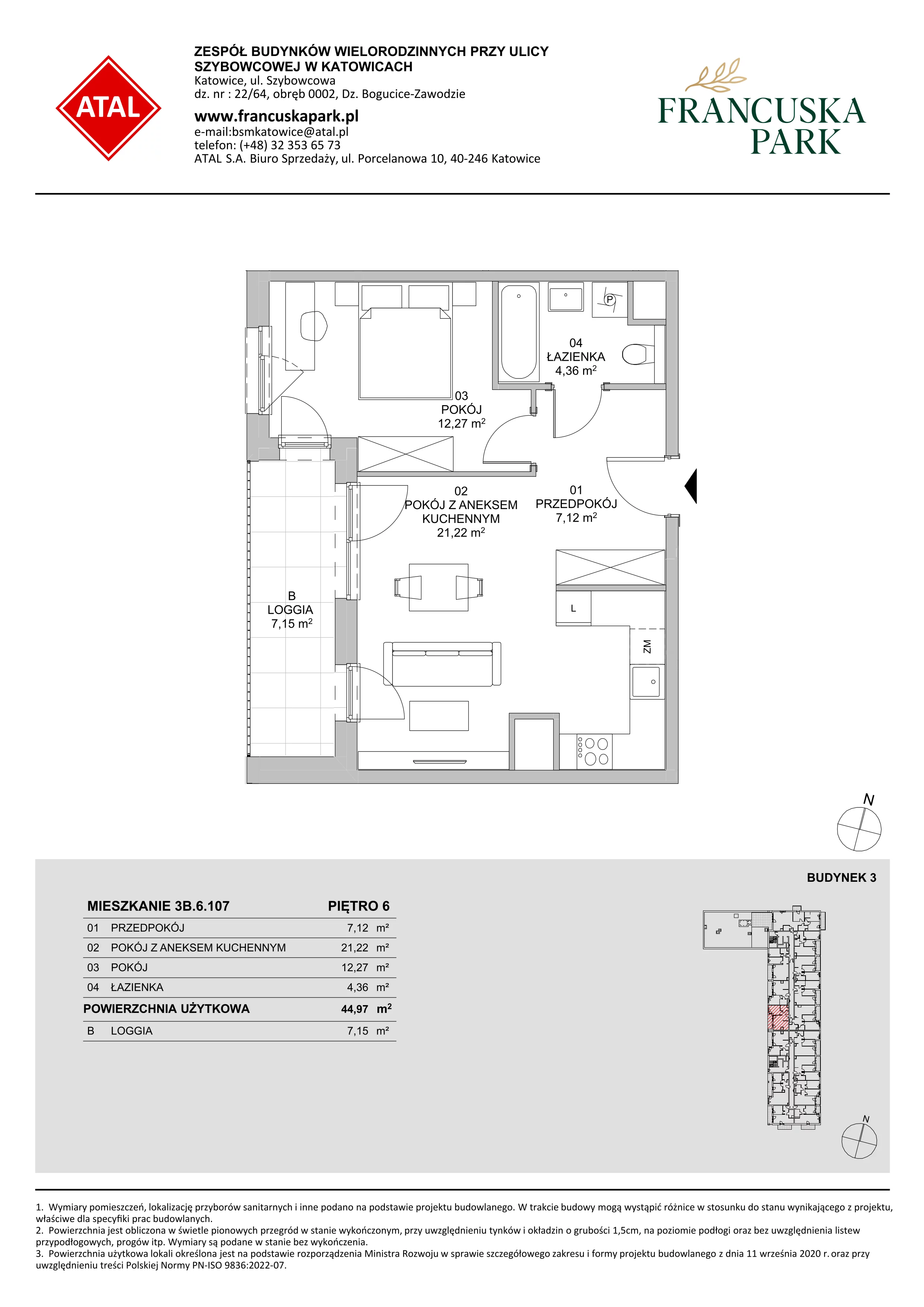 Mieszkanie 44,97 m², piętro 6, oferta nr 3B.6.107, Francuska Park VIII, Katowice, Osiedle Paderewskiego-Muchowiec, Muchowiec, ul. Szybowcowa