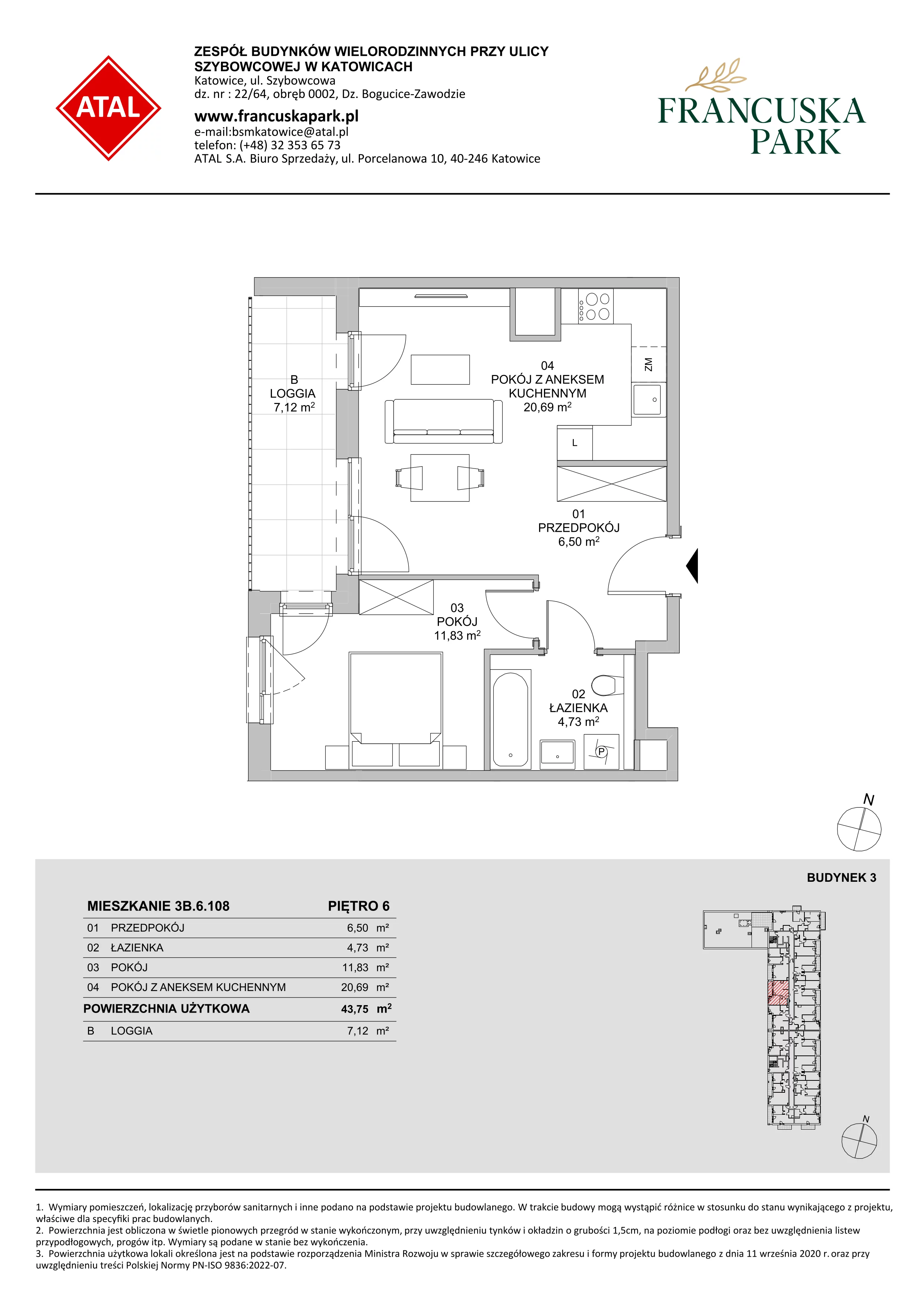 Mieszkanie 43,75 m², piętro 6, oferta nr 3B.6.108, Francuska Park VIII, Katowice, Osiedle Paderewskiego-Muchowiec, Muchowiec, ul. Szybowcowa