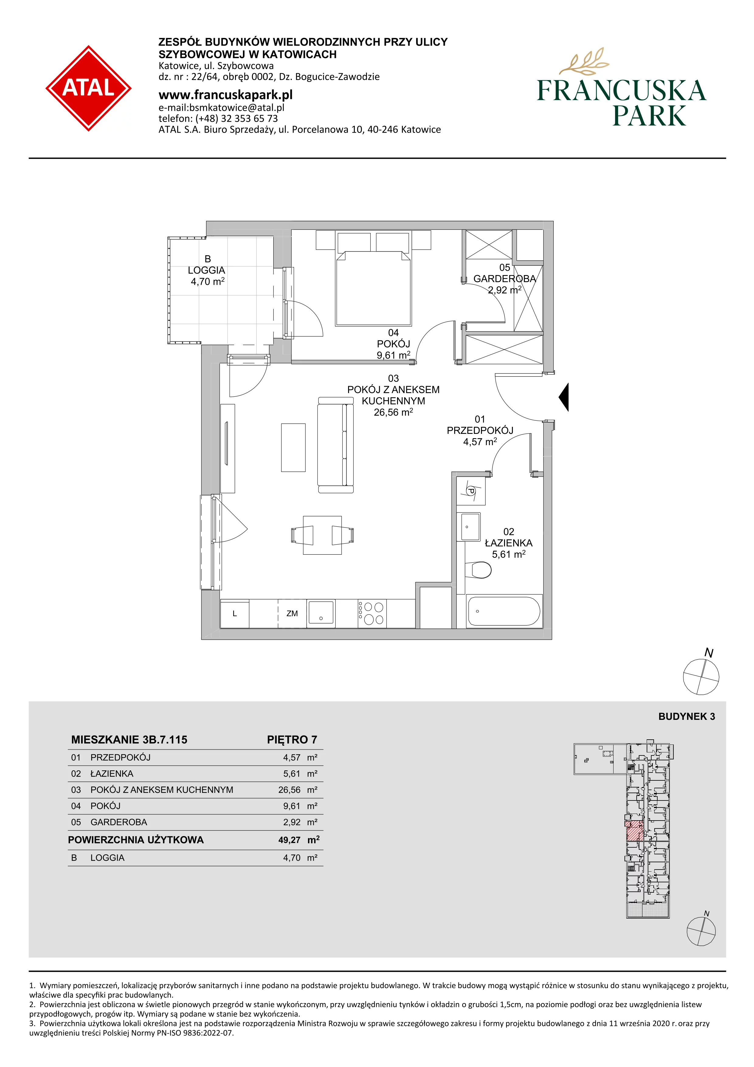 Mieszkanie 49,27 m², piętro 7, oferta nr 3B.7.115, Francuska Park VIII, Katowice, Osiedle Paderewskiego-Muchowiec, Muchowiec, ul. Szybowcowa