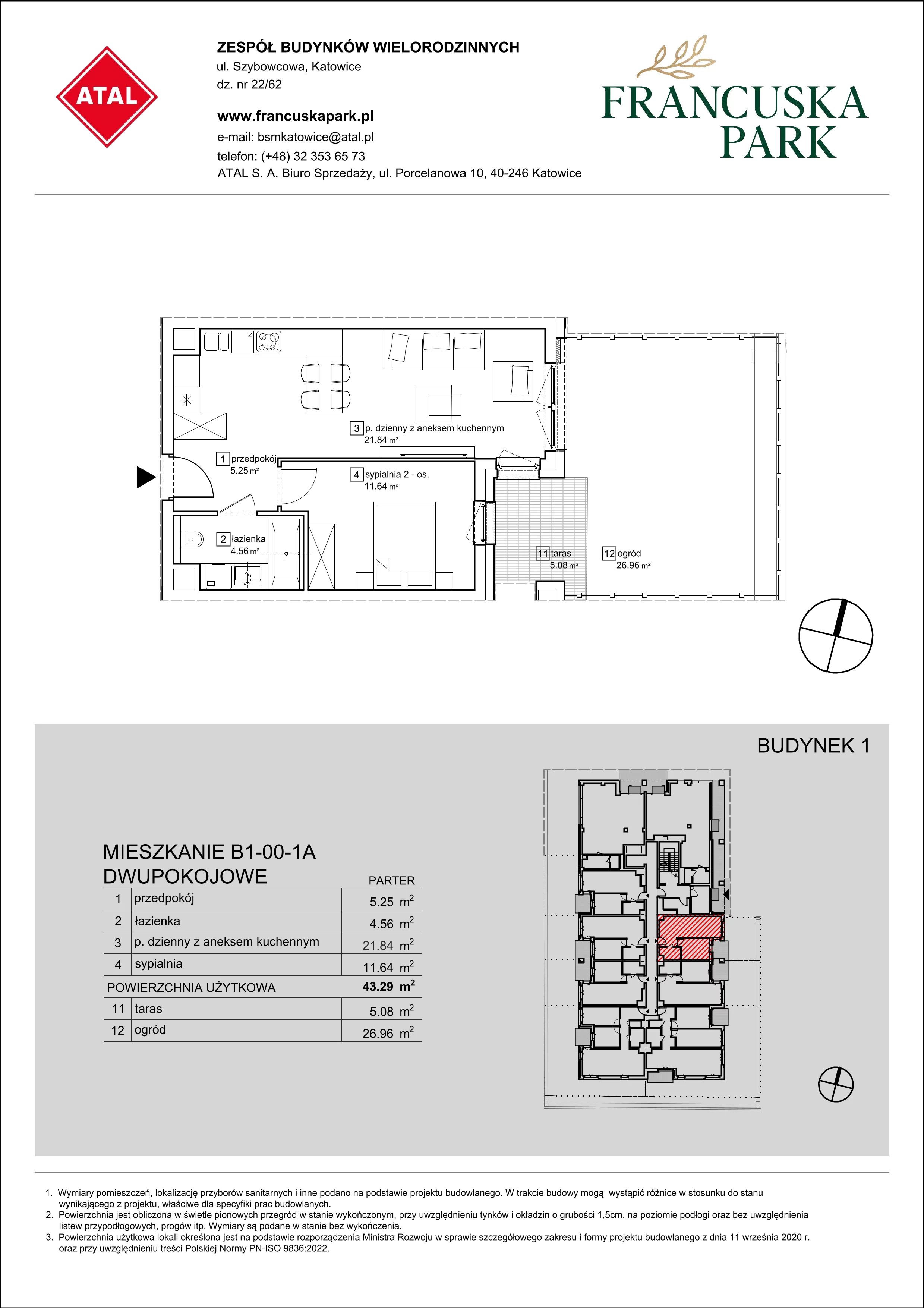 Mieszkanie 43,29 m², parter, oferta nr B1-00-1A, Francuska Park, Katowice, Osiedle Paderewskiego-Muchowiec, Muchowiec, ul. Szybowcowa