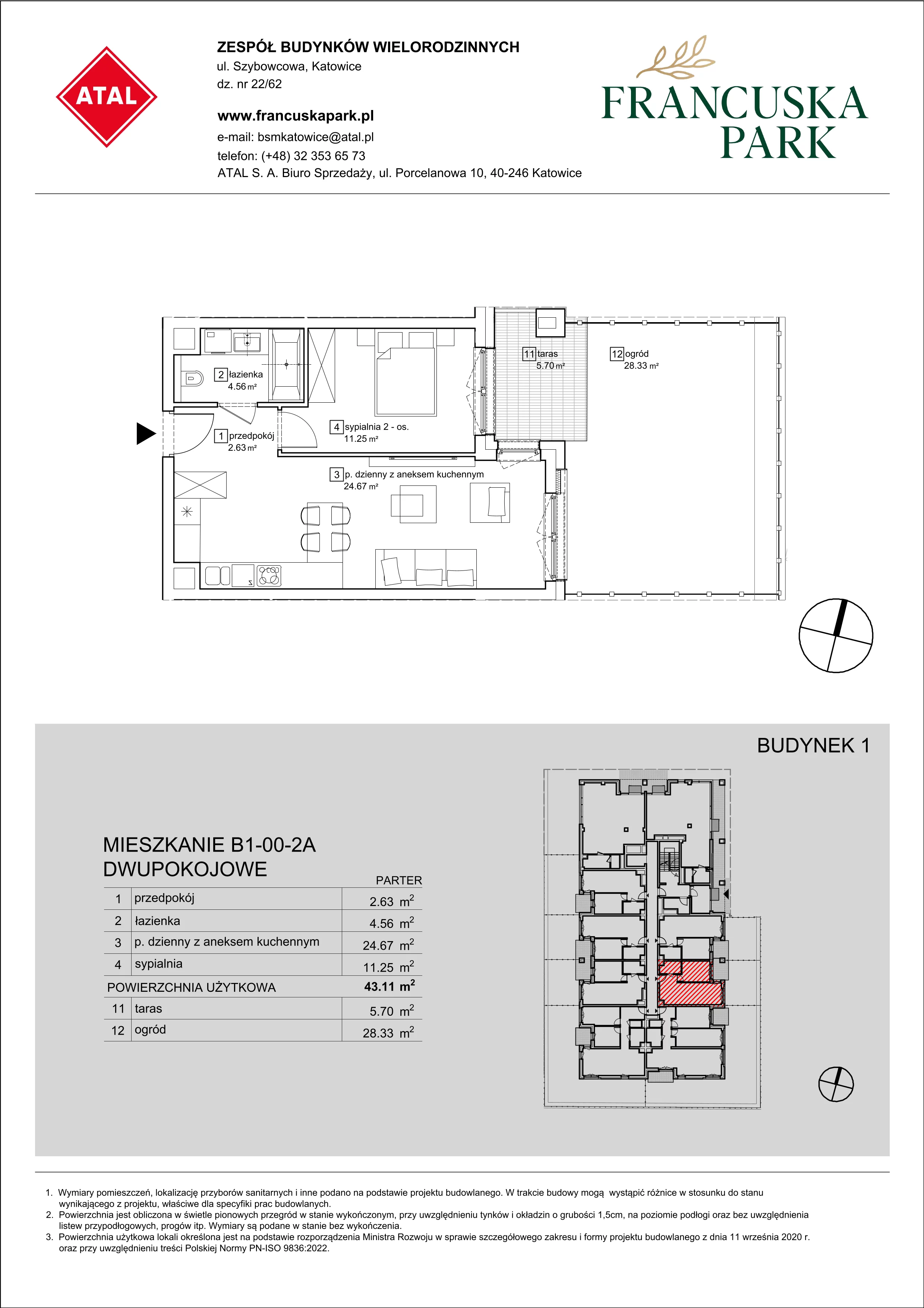 Mieszkanie 43,11 m², parter, oferta nr B1-00-2A, Francuska Park, Katowice, Osiedle Paderewskiego-Muchowiec, Muchowiec, ul. Szybowcowa