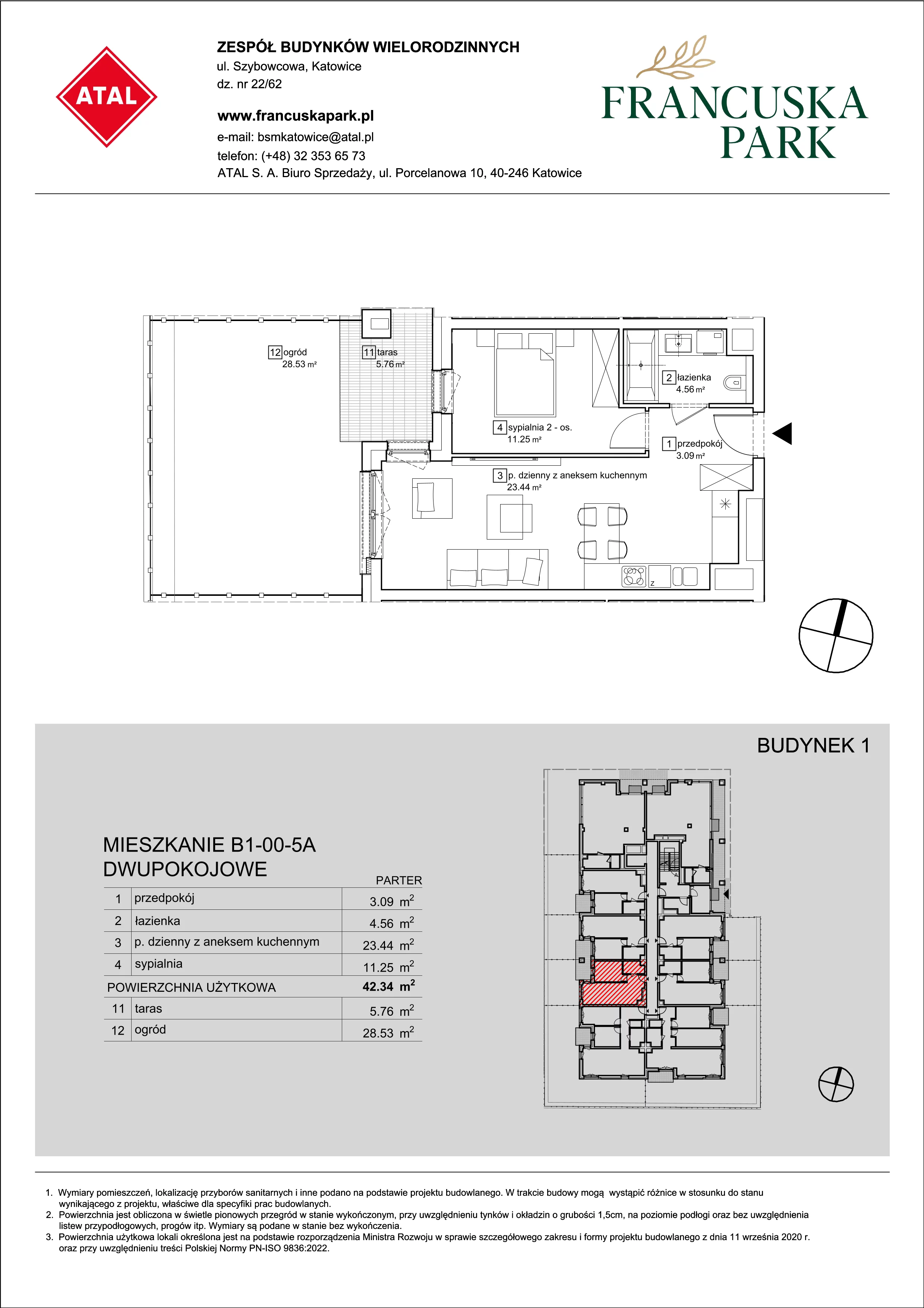 Mieszkanie 42,34 m², parter, oferta nr B1-00-5A, Francuska Park, Katowice, Osiedle Paderewskiego-Muchowiec, Muchowiec, ul. Szybowcowa