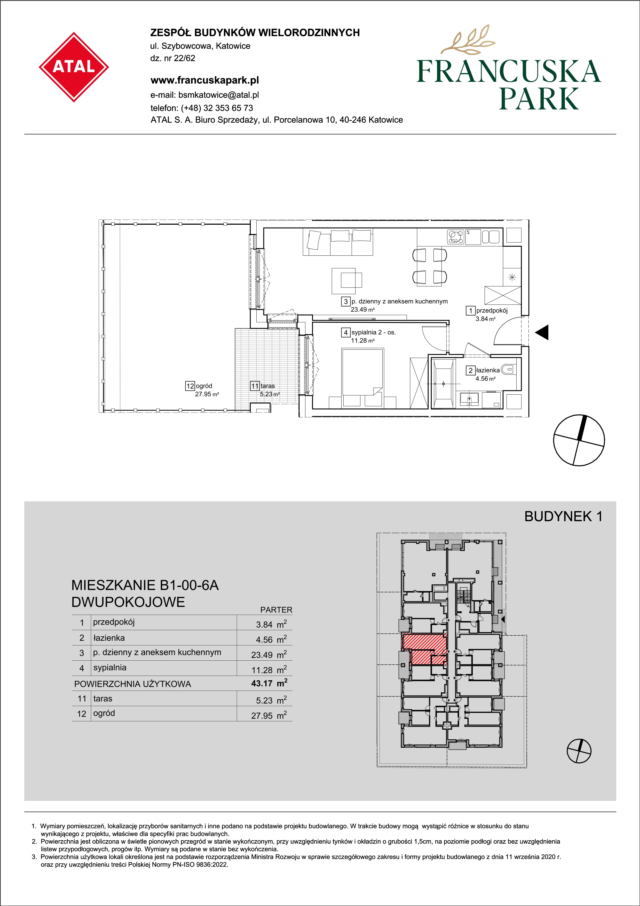 Mieszkanie 43,17 m², parter, oferta nr B1-00-6A, Francuska Park, Katowice, Osiedle Paderewskiego-Muchowiec, Muchowiec, ul. Szybowcowa