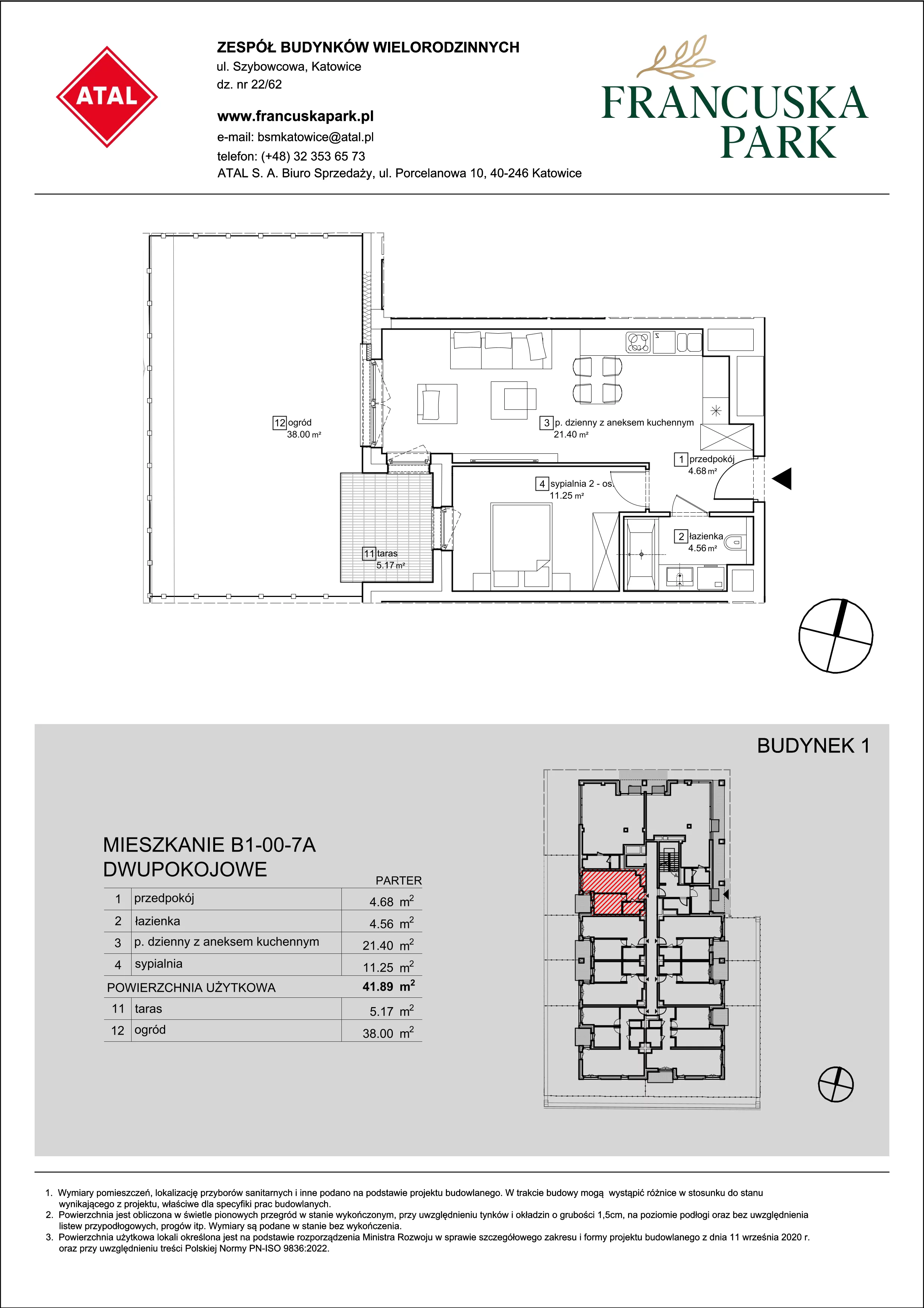 Mieszkanie 41,89 m², parter, oferta nr B1-00-7A, Francuska Park, Katowice, Osiedle Paderewskiego-Muchowiec, Muchowiec, ul. Szybowcowa