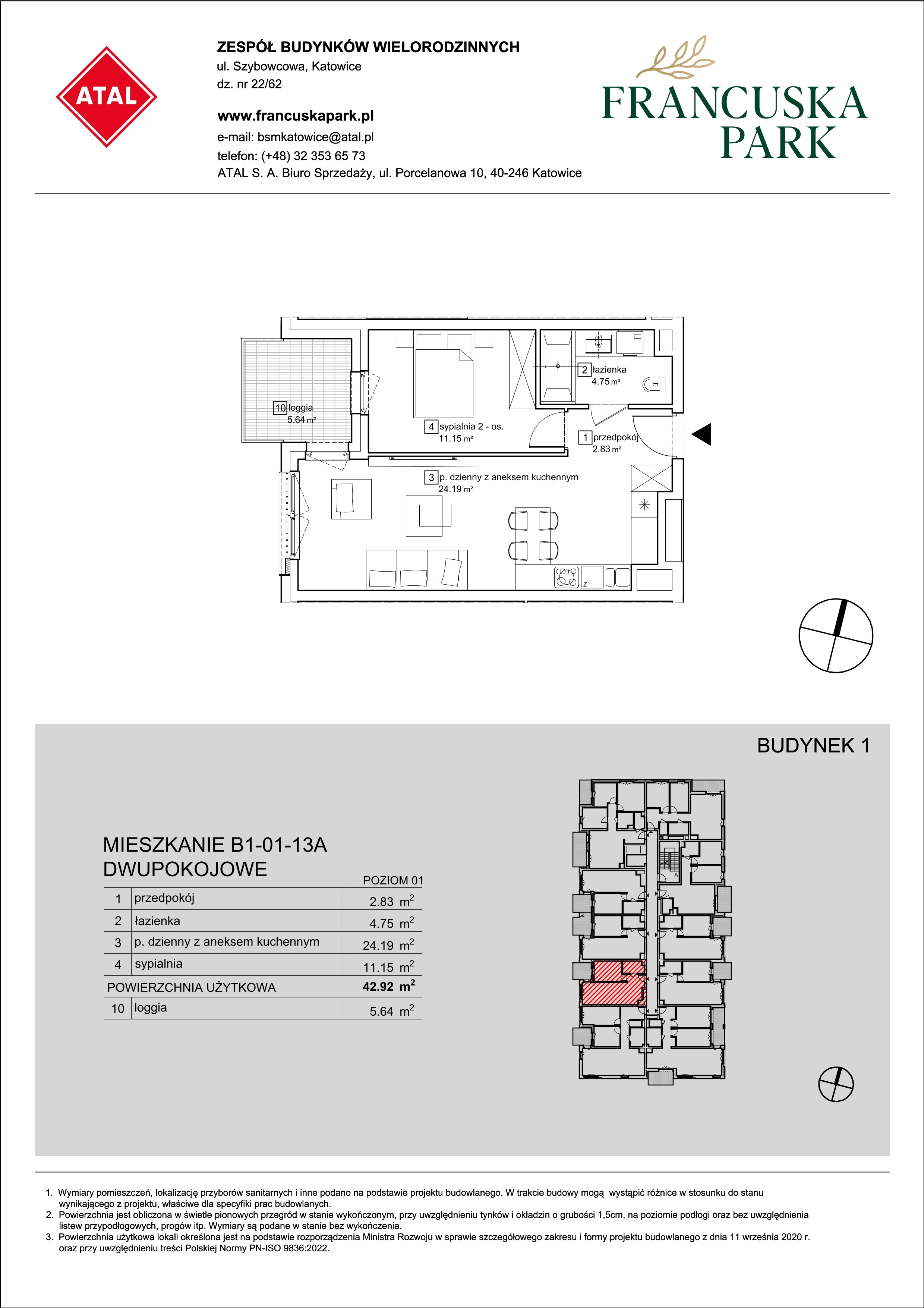 Mieszkanie 42,92 m², piętro 1, oferta nr B1-01-13A, Francuska Park, Katowice, Osiedle Paderewskiego-Muchowiec, Muchowiec, ul. Szybowcowa